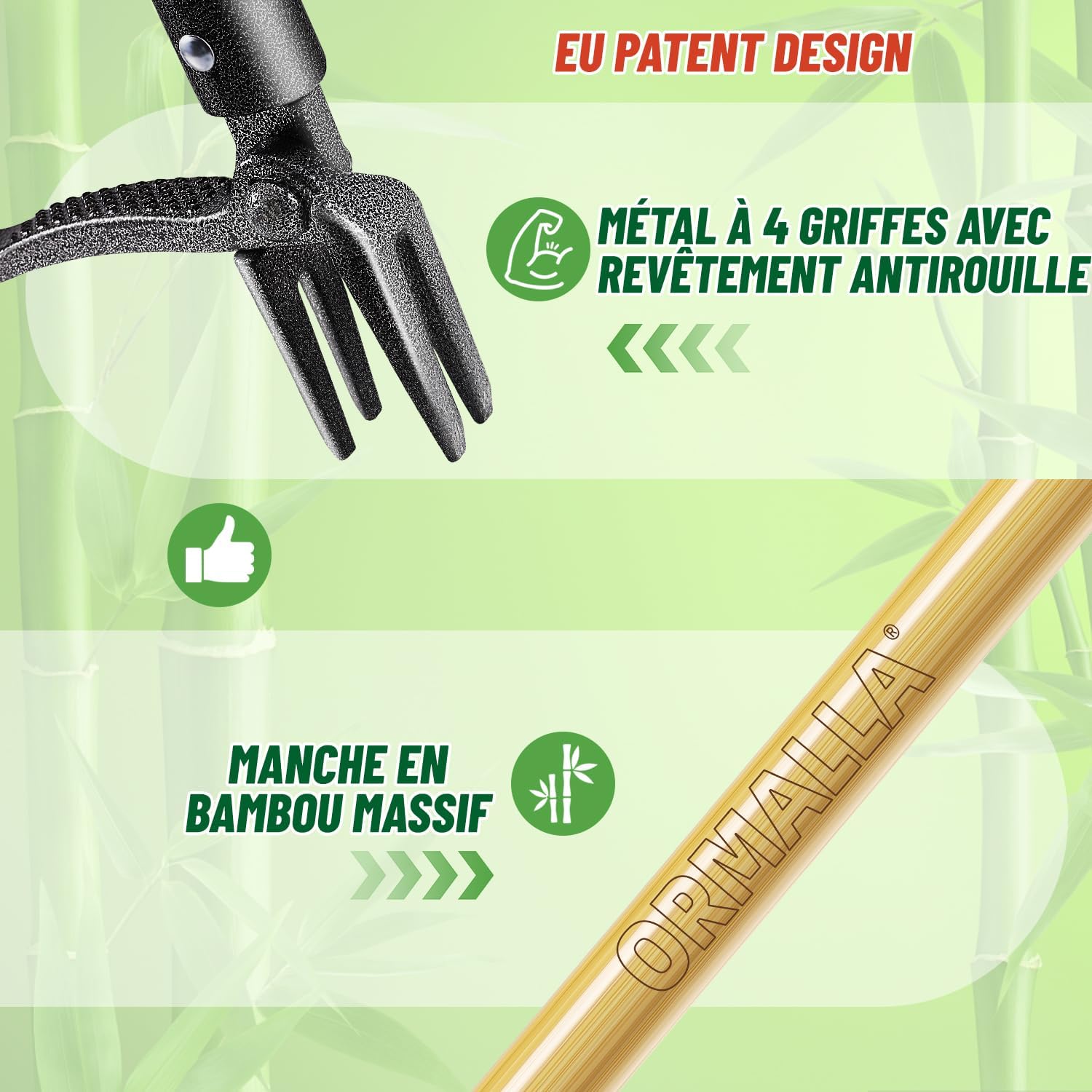 Manual Weeder, 1.1 m Length, Dandelion Puller, Natural Bamboo Handle and 4 Metal Claws, Standing Garden Weeder with Gardening Gloves, Pet Friendly (Upgrade) - Image 3