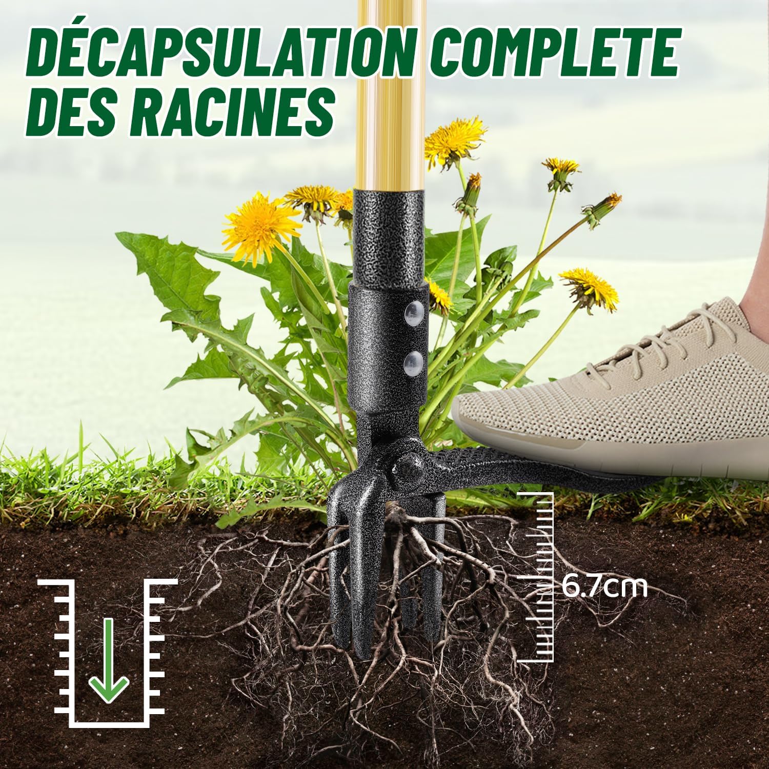 Manual Weeder, 1.1 m Length, Dandelion Puller, Natural Bamboo Handle and 4 Metal Claws, Standing Garden Weeder with Gardening Gloves, Pet Friendly (Upgrade) - Image 4