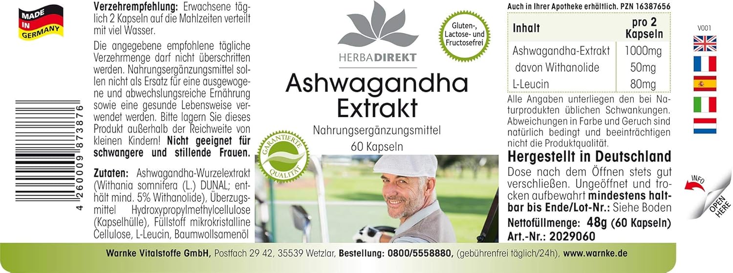 Ashwangandha - 1000mg per daily dose - at least 5% Withanolide - Indian Ginseng (Withania Somnifera) - 60 capsules | herba direkt - Quality from German Pharmacies - Image 3