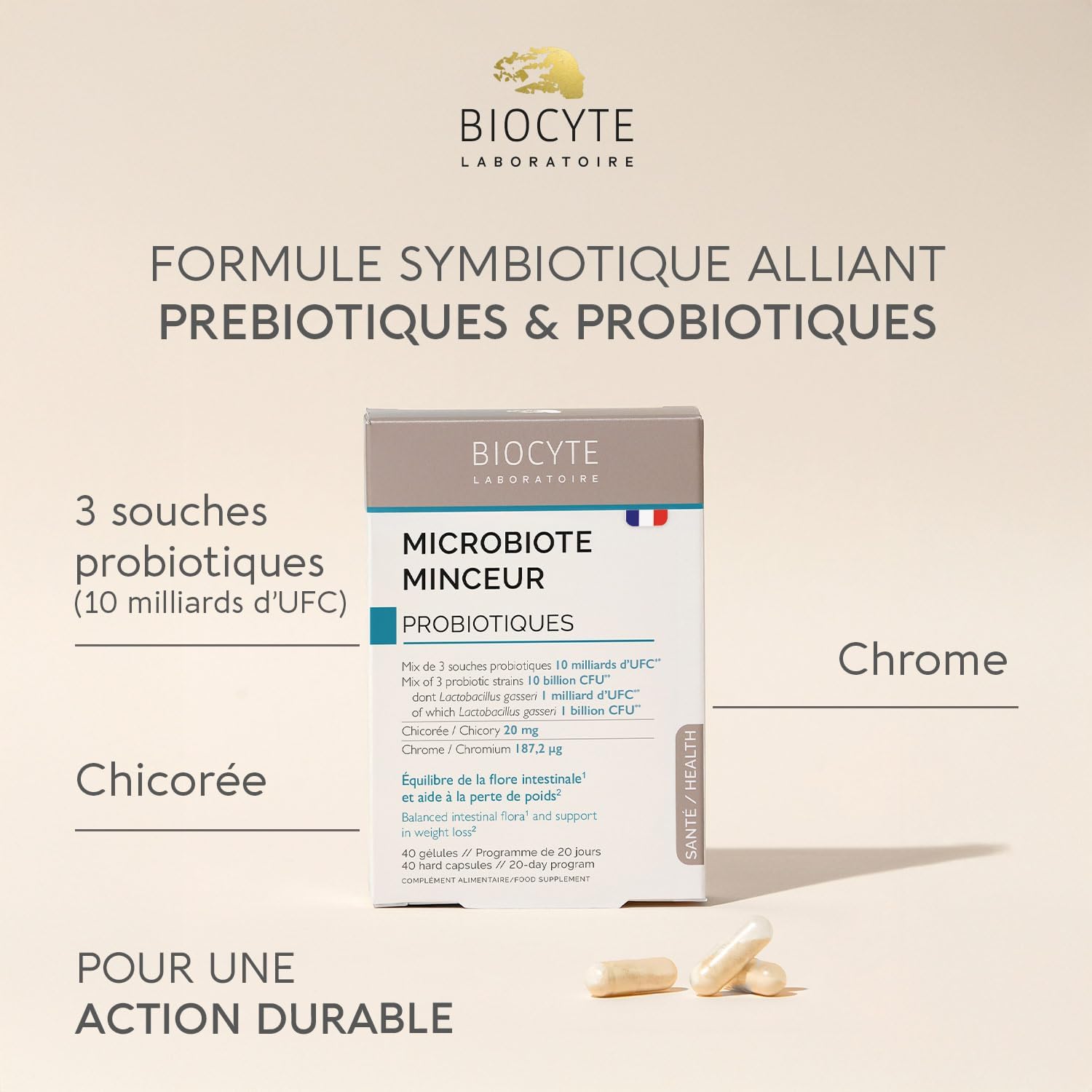 BIOCYTE Slimming Microbiota - Probiotic Intestinal Flora Food Supplement - 10 Billion CFU, Vitamins, Arginine, Chrome, Chicory - 20 Day Program - Image 3