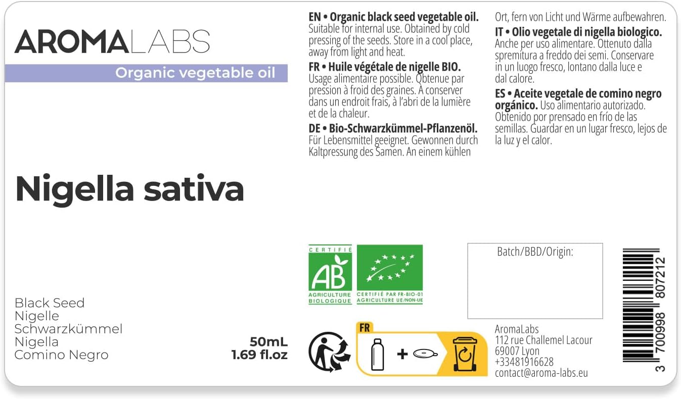 Organic Nigella (Nigella sativa) - 50 ml - Virgin and AB Certified Vegetable Oil - Aroma Labs - Made in France - Image 3