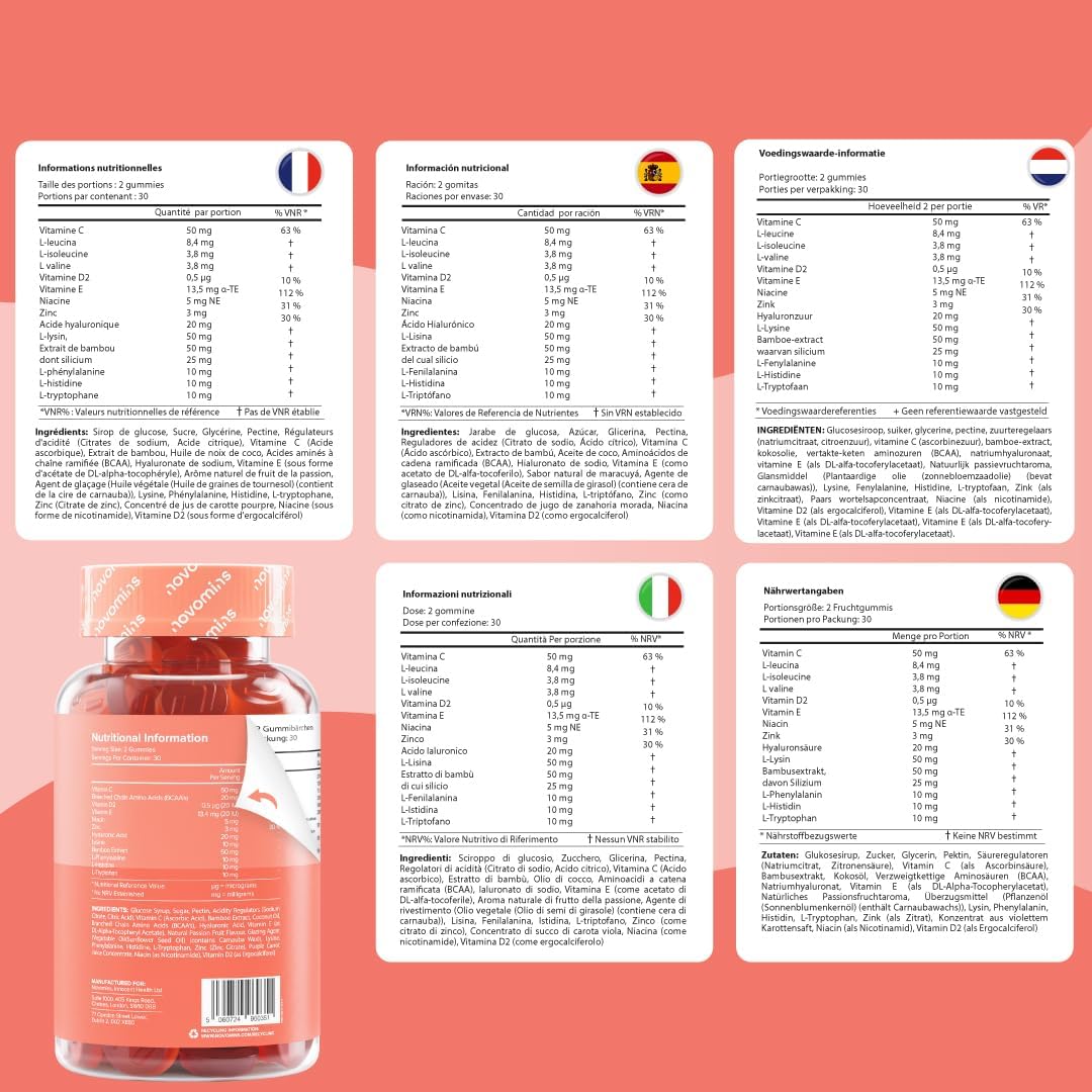 Vegan Collagen - Vegan Collagen and Hyaluronic Acid, Vitamin C & Biotin - Gluten Free - Alternative to Animal Collagen - Hair Growth - 60 Hair Gummies - Novomins - Image 9
