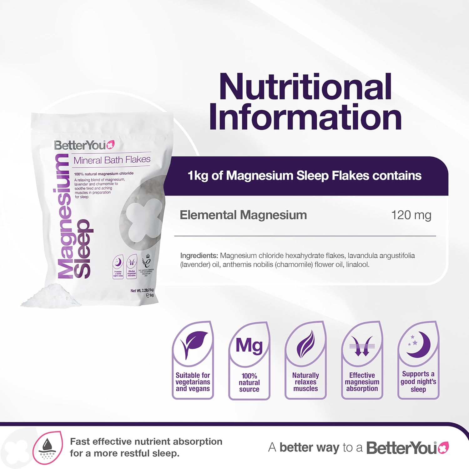 BetterYou BetterYou Magnesium Mineral Bath Crystals for Better Sleep, Zechstein Magnesium Infused with Lavender and Chamomile to Soothe Sore Muscles, 1kg - Image 4