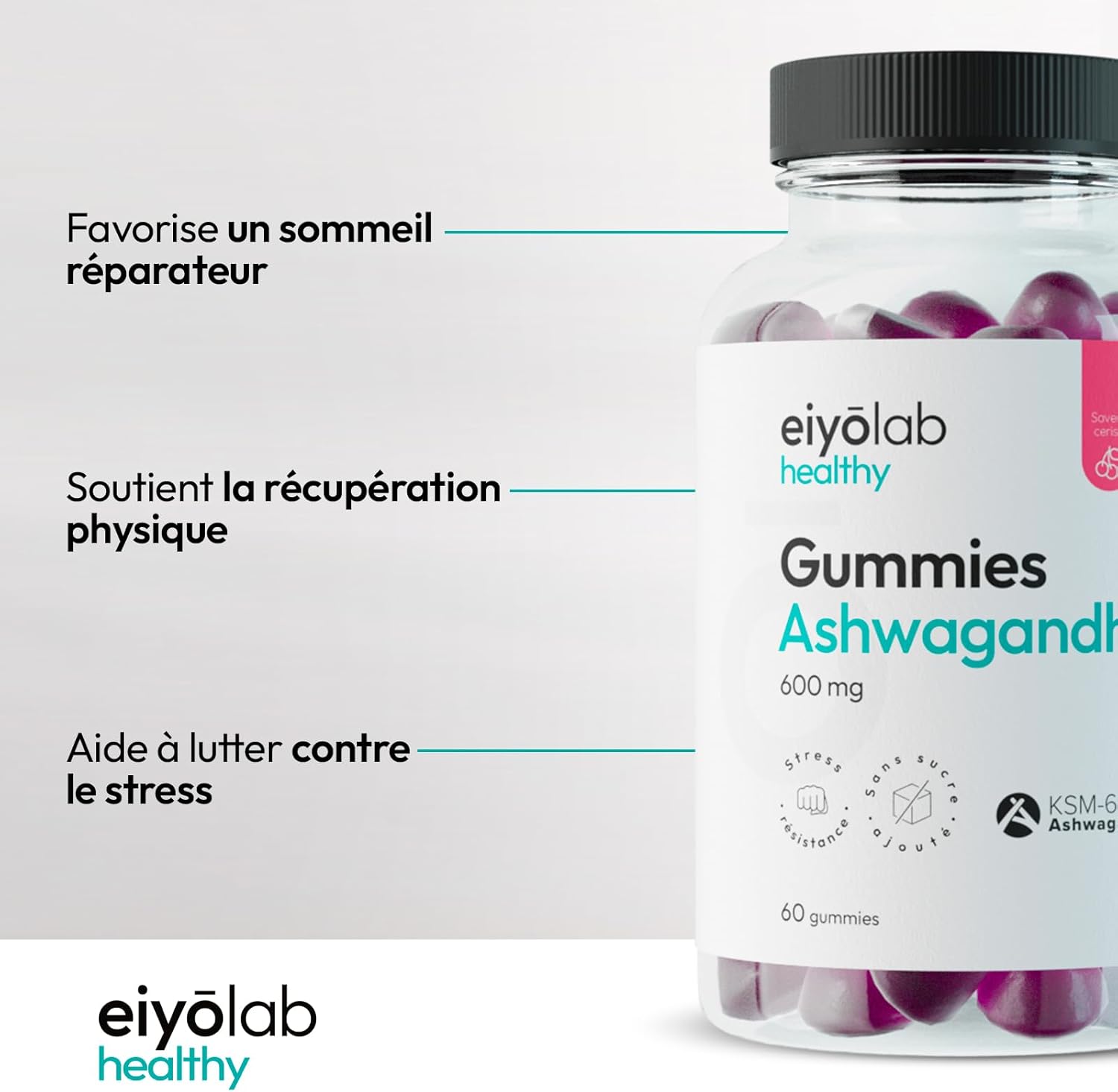 Ashwagandha Gummies 600 mg | Ashwagandha Patented KSM-66 | Physical and Mental Wellness | +11.7% VO2 max in 2 Months | 60 Cherry Flavour Gummies | Vegan and Gelatin Free | Made in France | Eiyolab - Image 3