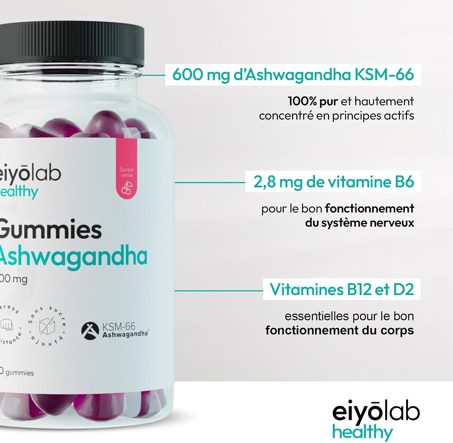 Ashwagandha Gummies 600 mg | Ashwagandha Patented KSM-66 | Physical and Mental Wellness | +11.7% VO2 max in 2 Months | 60 Cherry Flavour Gummies | Vegan and Gelatin Free | Made in France | Eiyolab - Image 4