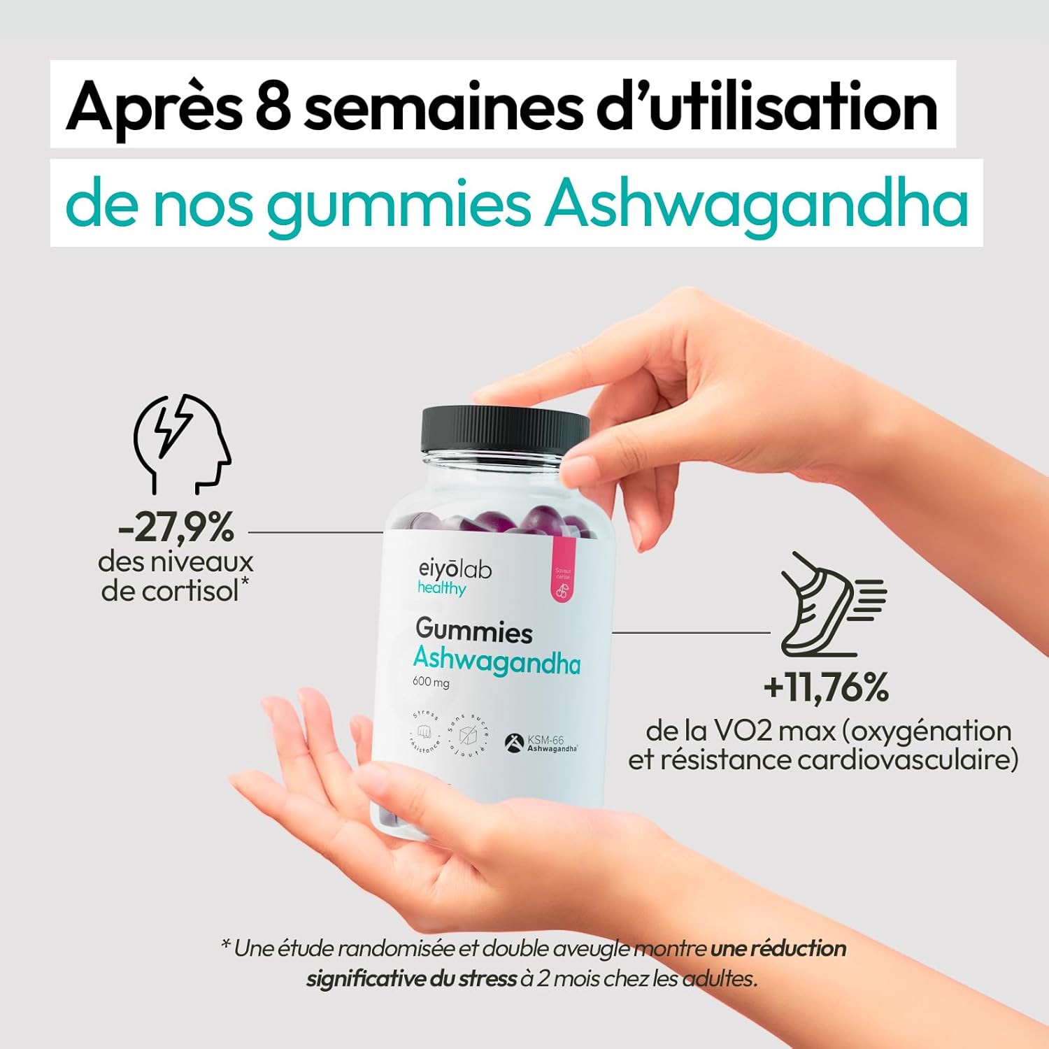 Ashwagandha Gummies 600 mg | Ashwagandha Patented KSM-66 | Physical and Mental Wellness | +11.7% VO2 max in 2 Months | 60 Cherry Flavour Gummies | Vegan and Gelatin Free | Made in France | Eiyolab - Image 6
