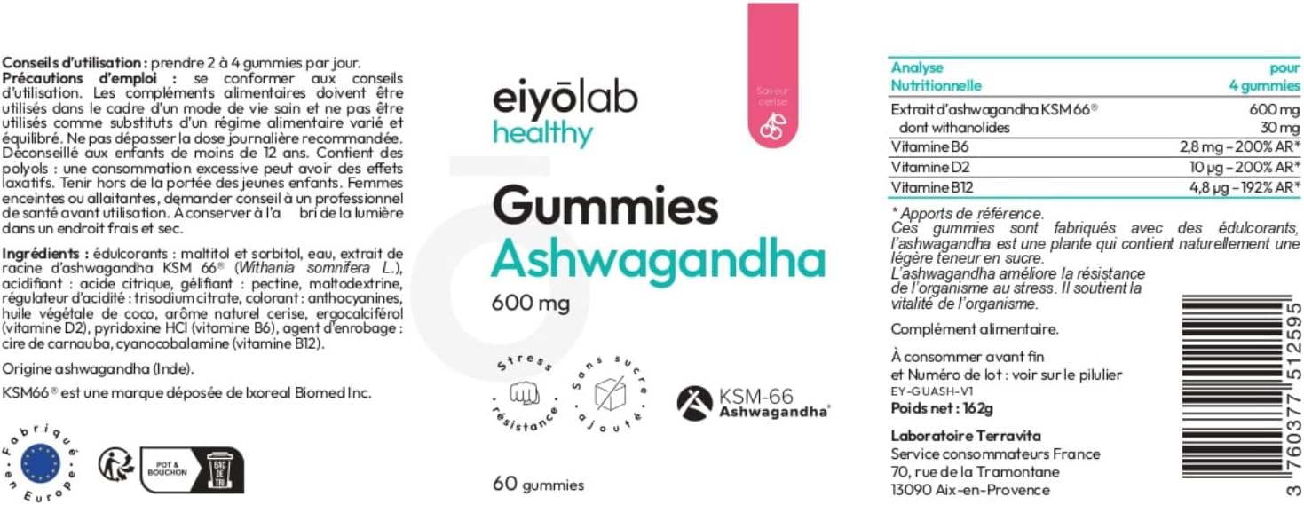 Ashwagandha Gummies 600 mg | Ashwagandha Patented KSM-66 | Physical and Mental Wellness | +11.7% VO2 max in 2 Months | 60 Cherry Flavour Gummies | Vegan and Gelatin Free | Made in France | Eiyolab - Image 9