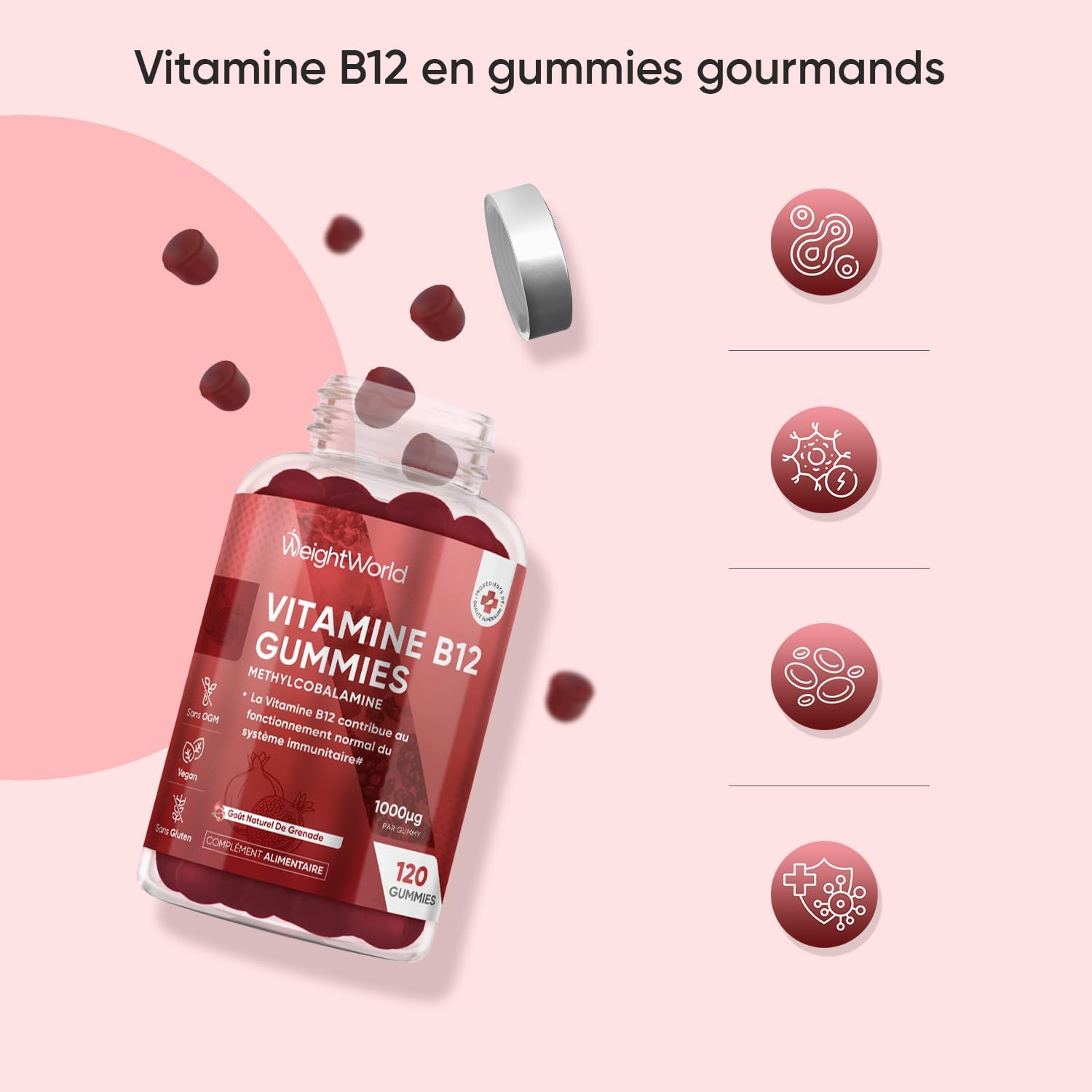 Vitamin B12 Methylcobalamin 1000mcg - 120 Gummies Vitamin B12 for Adult - For 4 Months Supply, Pomegranate Taste - Non-GMO, Magnesium Stearate Free - Alternatives to Drops - Image 3