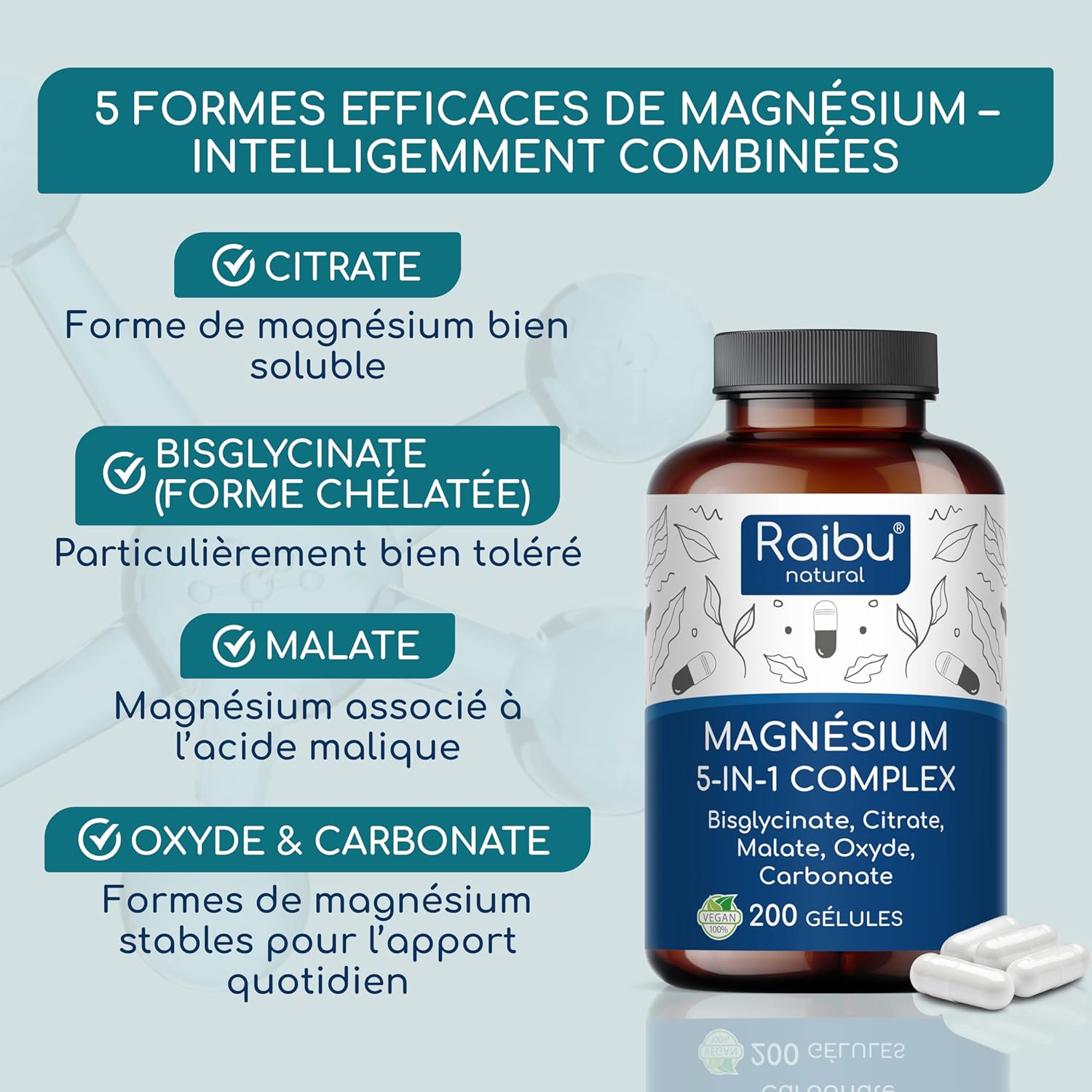 Magnesium Complex, 200 Capsules - Magnesium Bisglycinate, Citrate, Malate, Carbonate and Oxide - Over 6 months supply: 1 capsule per day - High dosed magnesium, vegan, non-GMO - Image 4