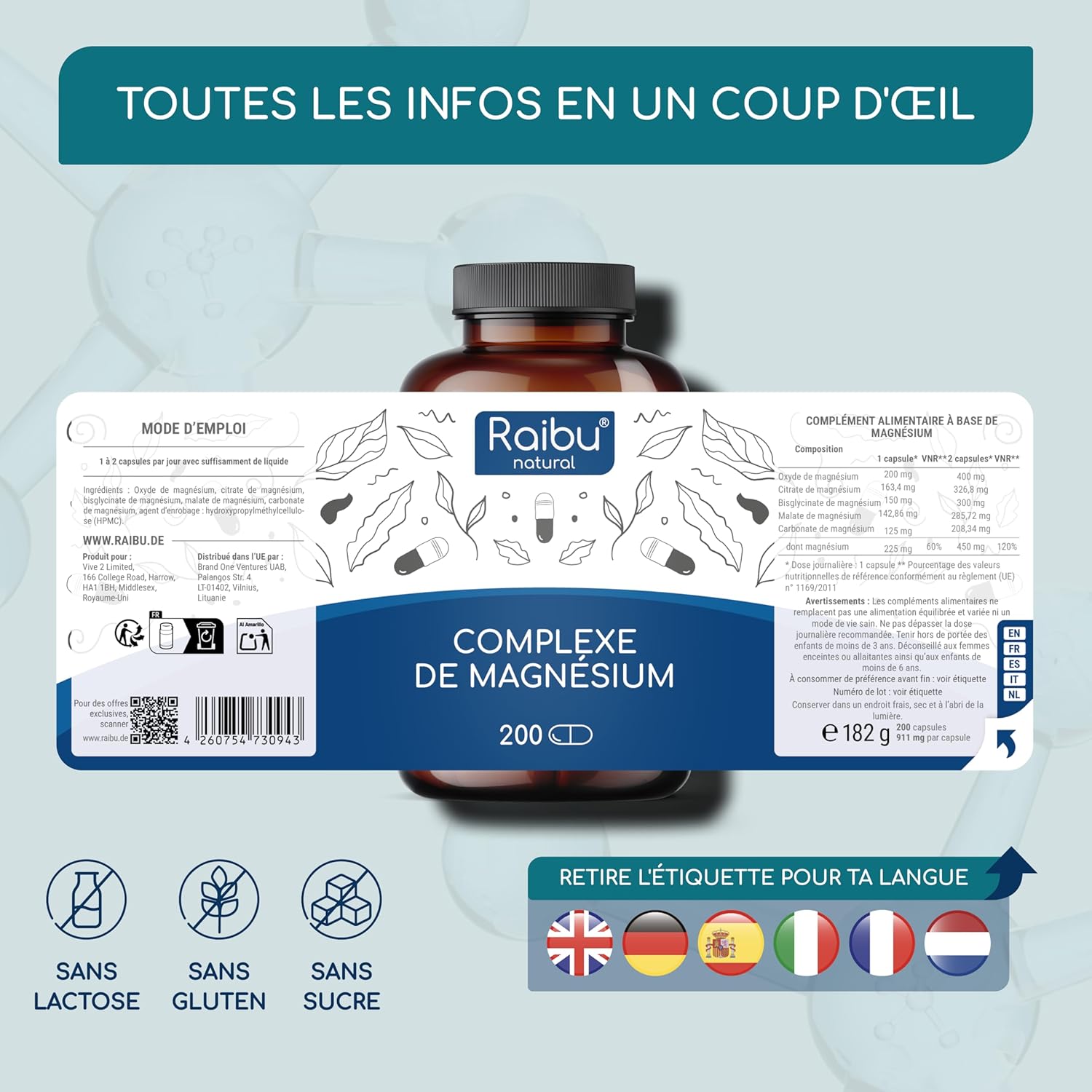 Magnesium Complex, 200 Capsules - Magnesium Bisglycinate, Citrate, Malate, Carbonate and Oxide - Over 6 months supply: 1 capsule per day - High dosed magnesium, vegan, non-GMO - Image 9