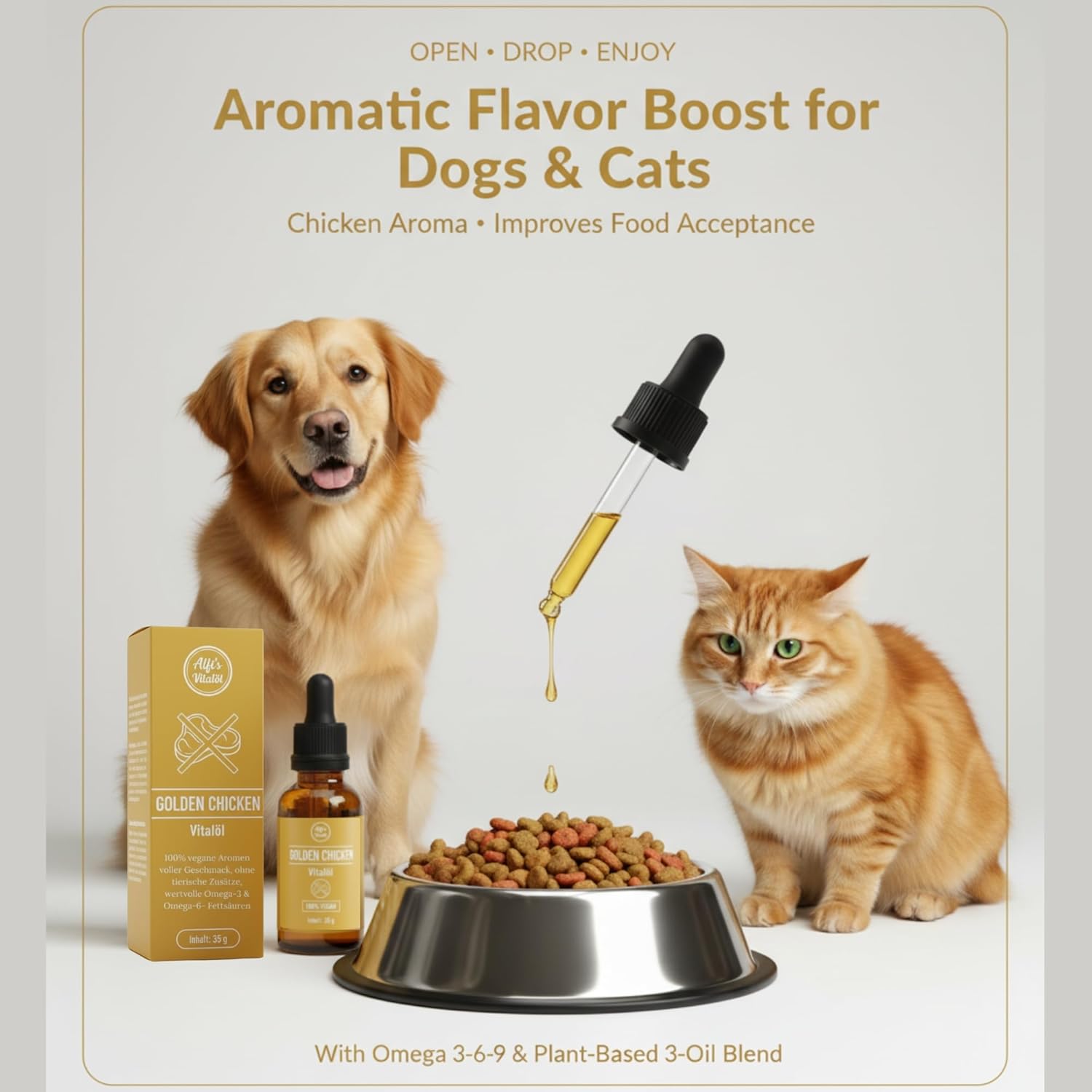 Alfi's Golden Chicken Vital Oil - Vegan Food Booster with Omega-3 & -6, Antioxidants from Evening Primrose, Olive Oil & Flaxseed - 100% Plant-Based, Nutrient Rich - Image 3