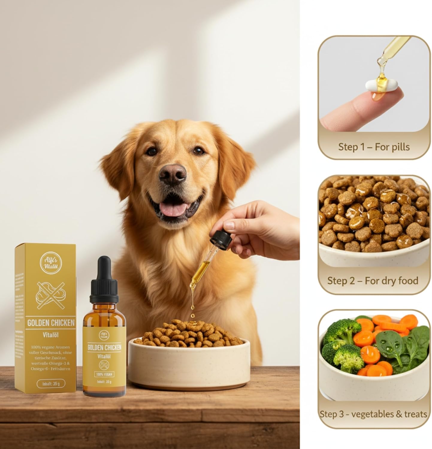 Alfi's Golden Chicken Vital Oil - Vegan Food Booster with Omega-3 & -6, Antioxidants from Evening Primrose, Olive Oil & Flaxseed - 100% Plant-Based, Nutrient Rich - Image 5