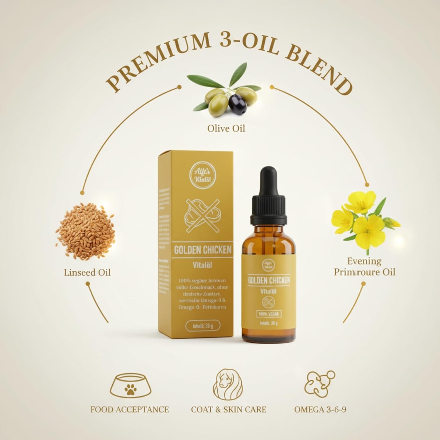 Alfi's Golden Chicken Vital Oil - Vegan Food Booster with Omega-3 & -6, Antioxidants from Evening Primrose, Olive Oil & Flaxseed - 100% Plant-Based, Nutrient Rich - Image 6