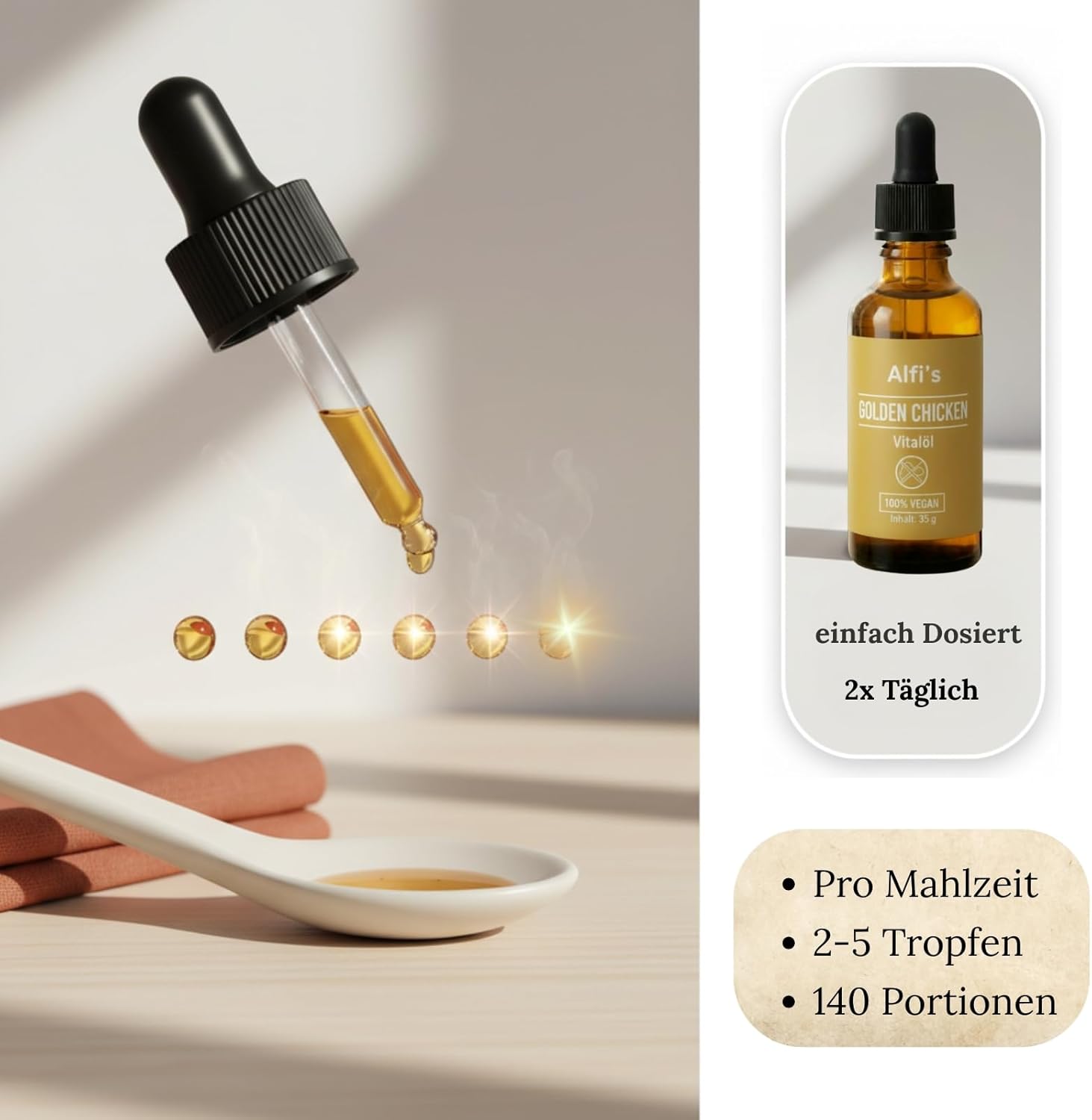 Alfi's Golden Chicken Vital Oil - Vegan Food Booster with Omega-3 & -6, Antioxidants from Evening Primrose, Olive Oil & Flaxseed - 100% Plant-Based, Nutrient Rich - Image 9