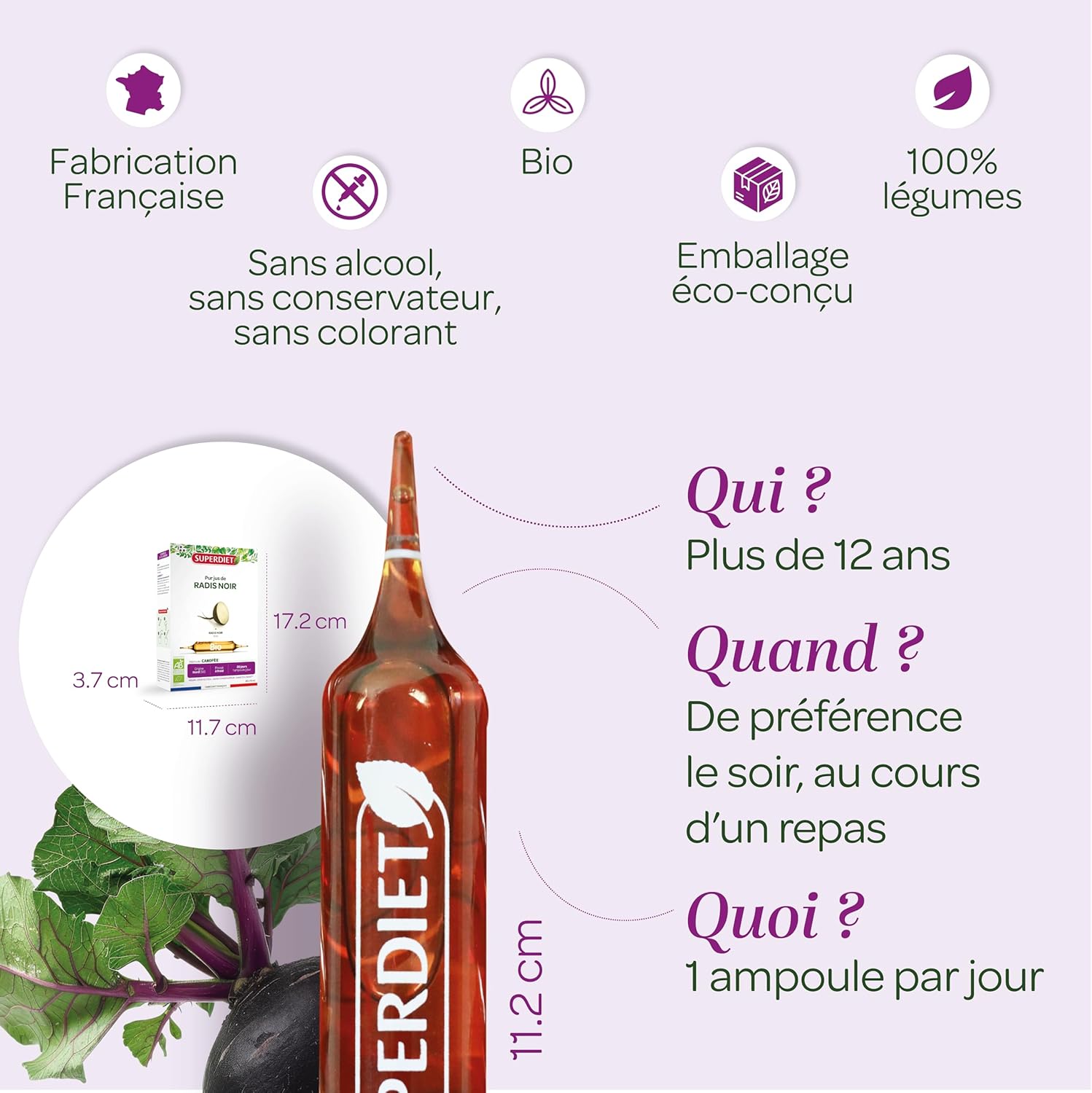 SUPERDIET - PURE ORGANIC BLACK RADIS JUICE - Cold pressed - Hauts-de-France manufacture - Phytotherapy - 20 ampoules of 10 ml - Image 6