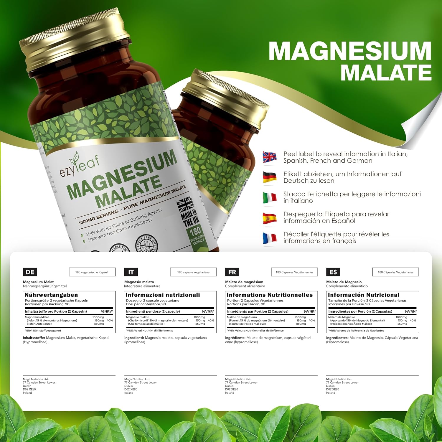 Ezyleaf Magnesium Malate | 1000mg Magnesium Malate Per Serving - 180 High Content Magnesium Supplement Capsules | Vegan & No Fillers | Non-GMO Gluten Free Allergen Free - Image 3