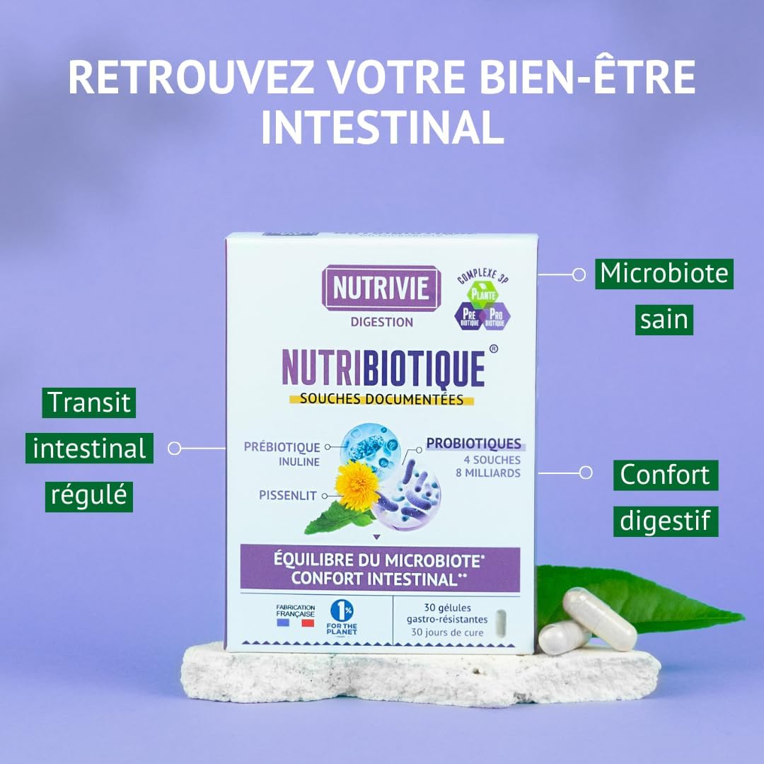 Digestive Balance Probiotics - Healthy & Intestinal Comfort Microbiota - 4 Probiotic Strains + Prebiotics + Plants + Vitamin - 30 Gastro Resistant Capsules - Made in France Nutrivie - Image 3