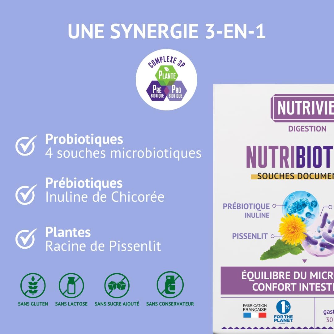 Digestive Balance Probiotics - Healthy & Intestinal Comfort Microbiota - 4 Probiotic Strains + Prebiotics + Plants + Vitamin - 30 Gastro Resistant Capsules - Made in France Nutrivie - Image 4