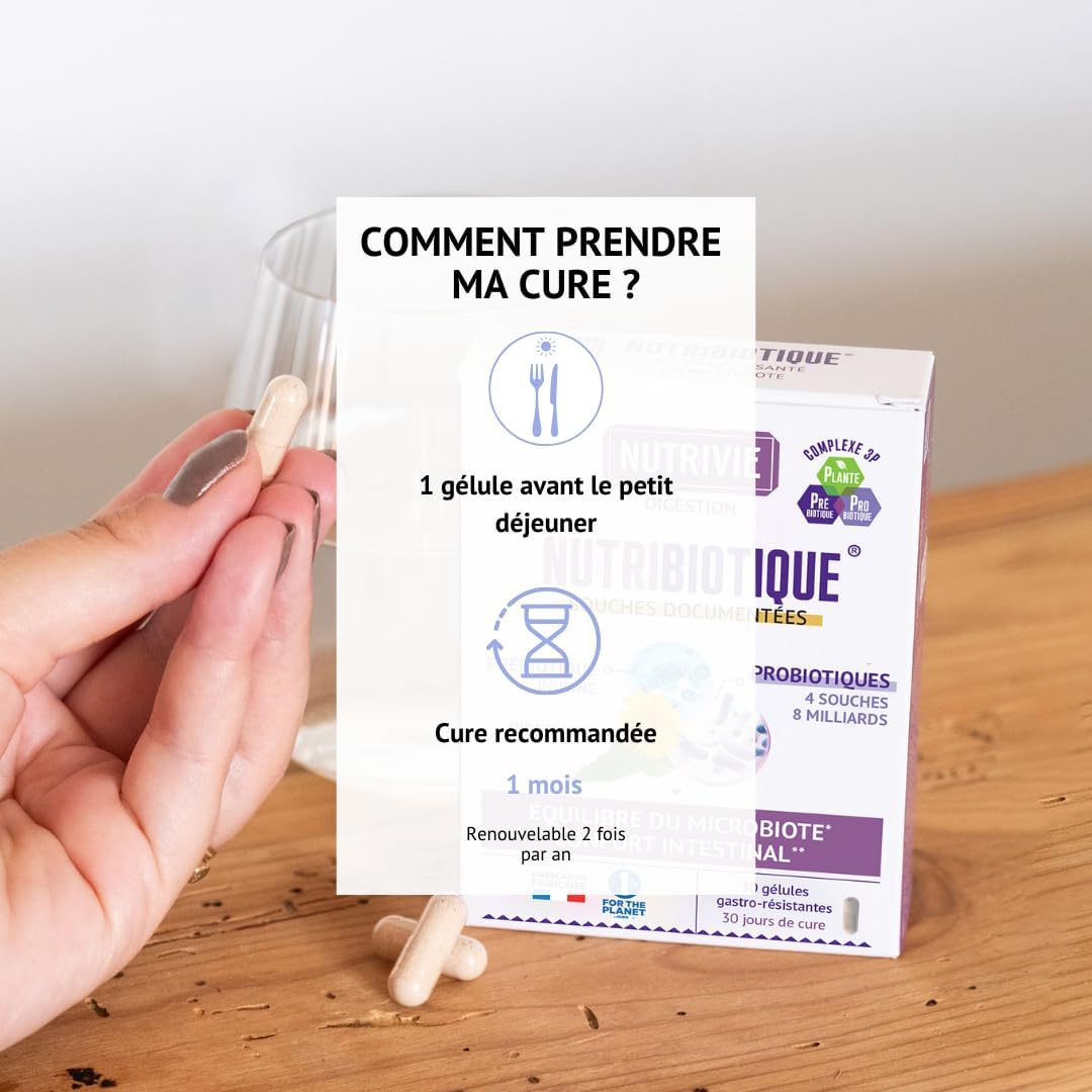 Digestive Balance Probiotics - Healthy & Intestinal Comfort Microbiota - 4 Probiotic Strains + Prebiotics + Plants + Vitamin - 30 Gastro Resistant Capsules - Made in France Nutrivie - Image 7