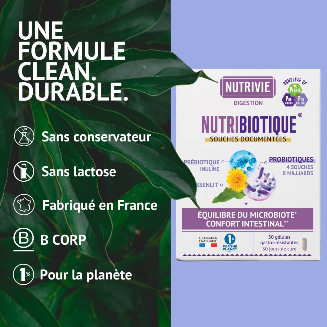Digestive Balance Probiotics - Healthy & Intestinal Comfort Microbiota - 4 Probiotic Strains + Prebiotics + Plants + Vitamin - 30 Gastro Resistant Capsules - Made in France Nutrivie - Image 8