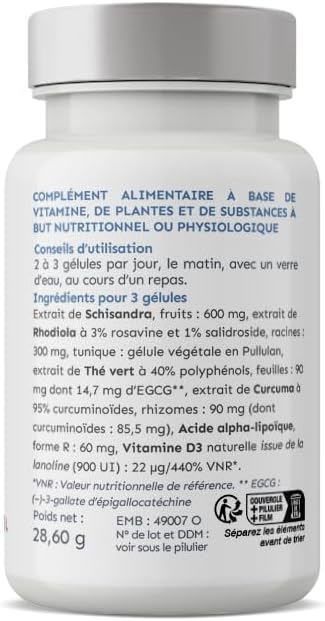 STRESS-CONTROL | Schisandra - Rhodiole - Green Tea - Turmeric - Alpha Lipoic Acid - Natural Vitamin D3 | 60 Vegetable Capsules | BEAVERHILL | Stress - Nervous System - Mood | Made in France - Image 3
