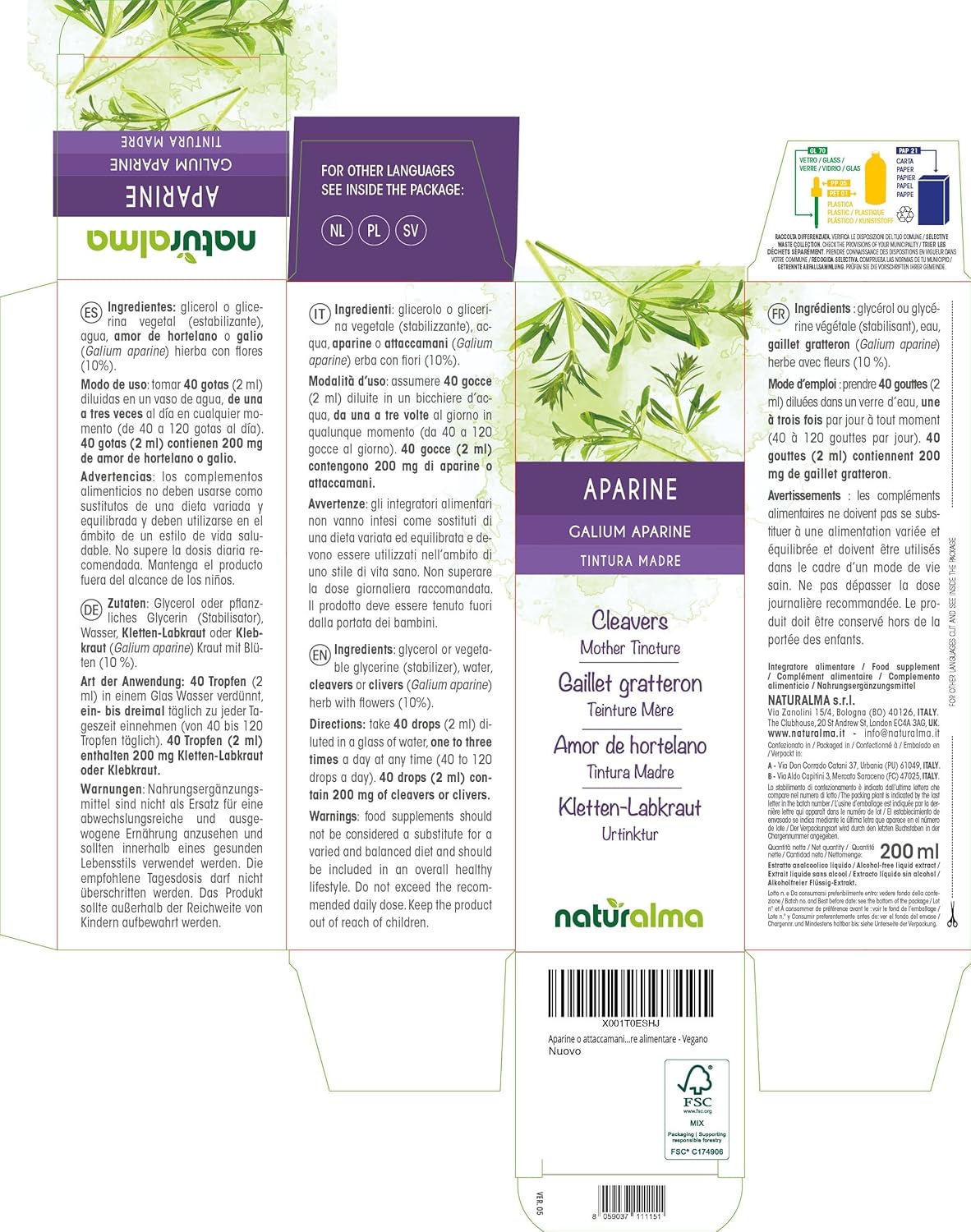 Gratteron Gaillet (Galium aparine) Grass with Flowers Mother Tincture Alcohol-Free Naturalma - Liquid Extract Drops 200 ml - Dietary Supplement - Vegan or Vegan - Image 3