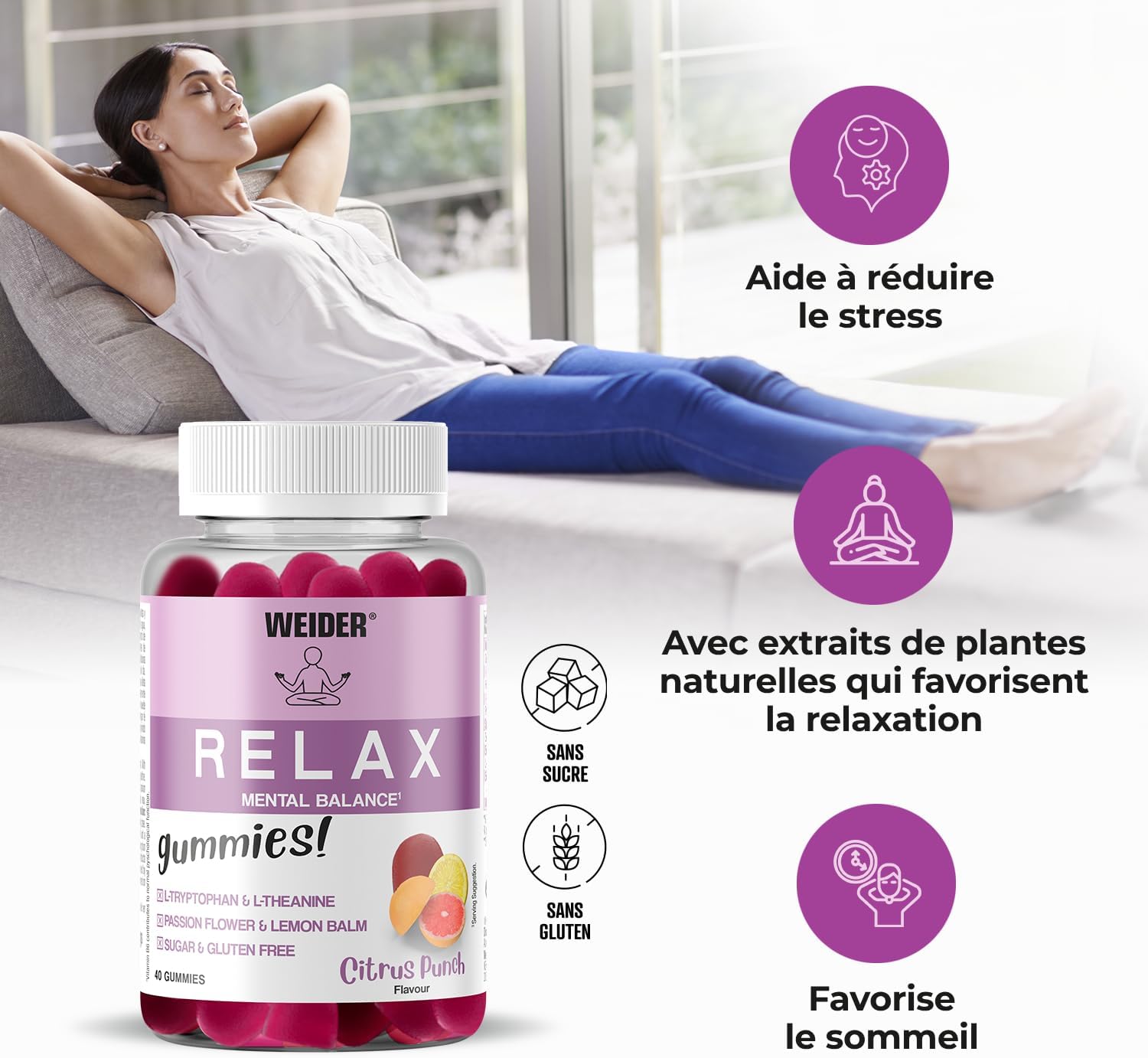 Weider Relax Gummies (40 Gummies) Citrus Punch Flavour Gums containing L-Theanine, L-Tryptophan, Passionflower and Lemon Balm Extracts, Vitamin B6. Helps Relaxation. Sugar Free, Gluten Free. - Image 3