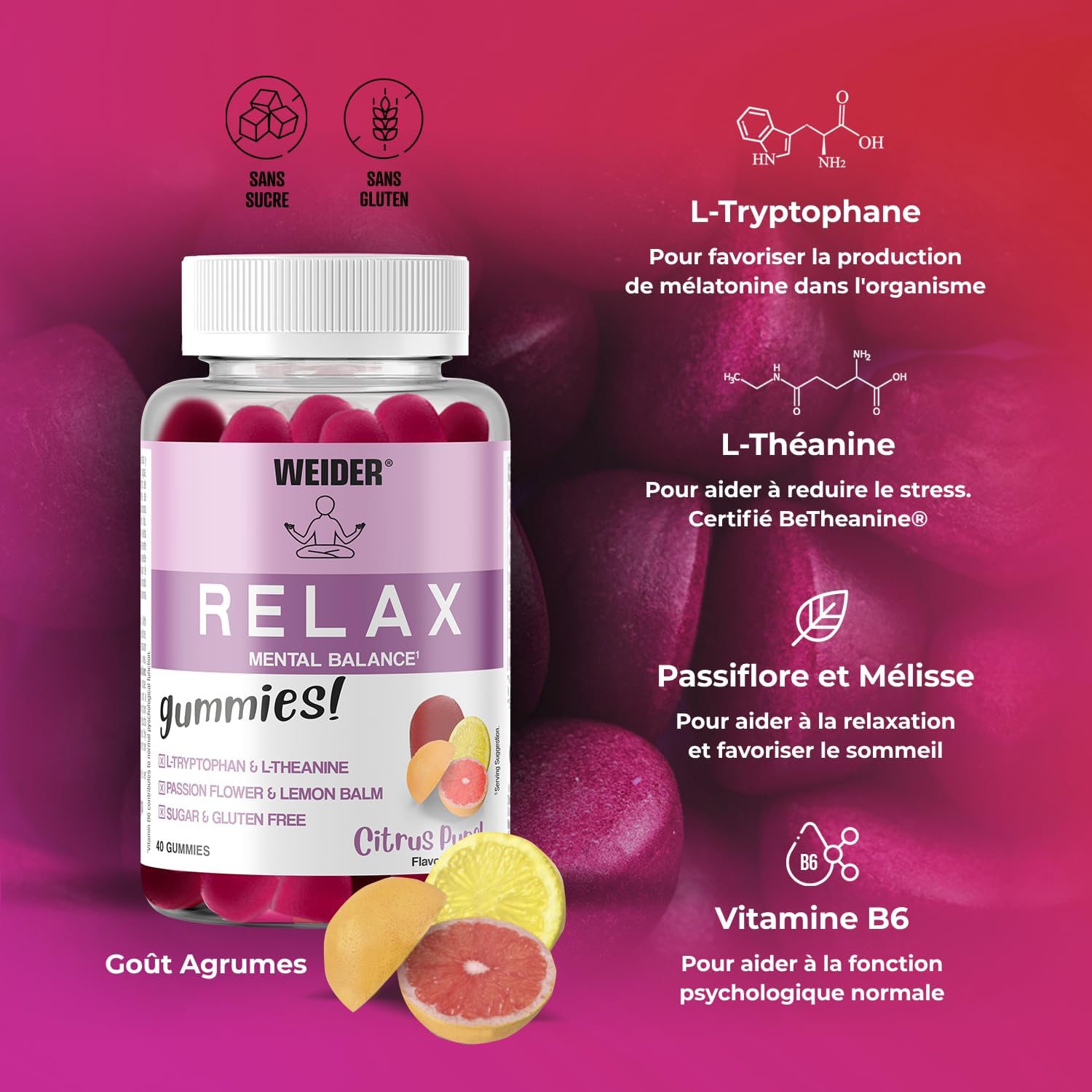 Weider Relax Gummies (40 Gummies) Citrus Punch Flavour Gums containing L-Theanine, L-Tryptophan, Passionflower and Lemon Balm Extracts, Vitamin B6. Helps Relaxation. Sugar Free, Gluten Free. - Image 4