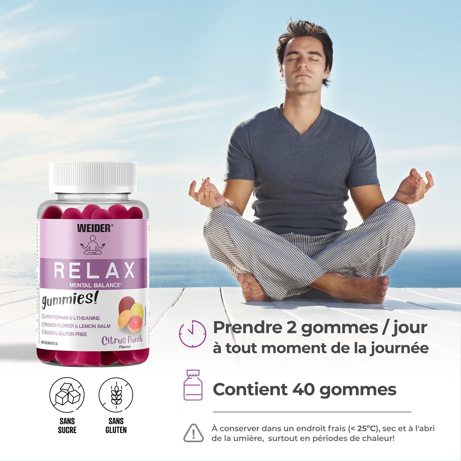 Weider Relax Gummies (40 Gummies) Citrus Punch Flavour Gums containing L-Theanine, L-Tryptophan, Passionflower and Lemon Balm Extracts, Vitamin B6. Helps Relaxation. Sugar Free, Gluten Free. - Image 5