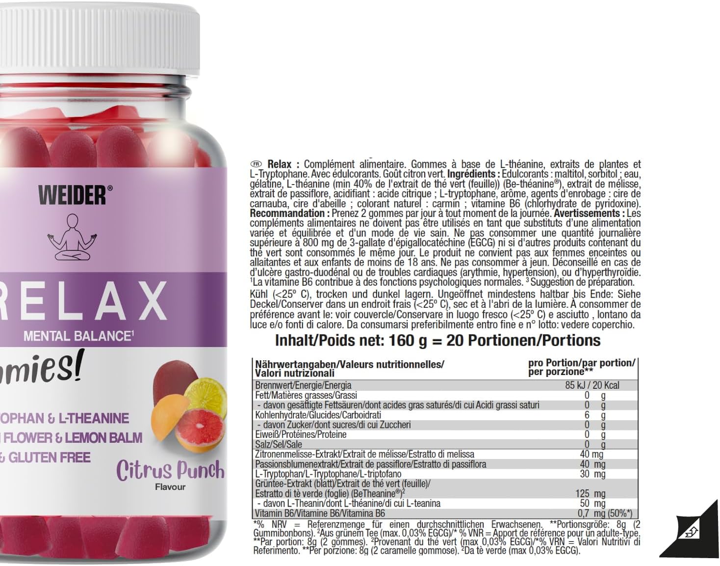 Weider Relax Gummies (40 Gummies) Citrus Punch Flavour Gums containing L-Theanine, L-Tryptophan, Passionflower and Lemon Balm Extracts, Vitamin B6. Helps Relaxation. Sugar Free, Gluten Free. - Image 7