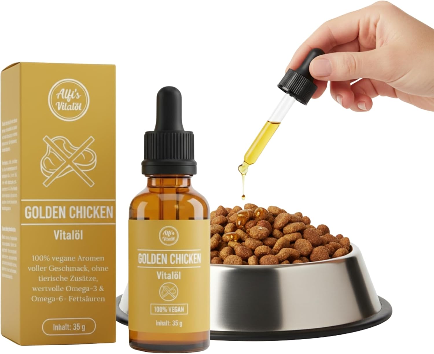 Alfi's Golden Chicken Vital Oil - Vegan Food Booster with Omega-3 & -6, Antioxidants from Evening Primrose, Olive Oil & Flaxseed - 100% Plant-Based, Nutrient Rich - Image 2