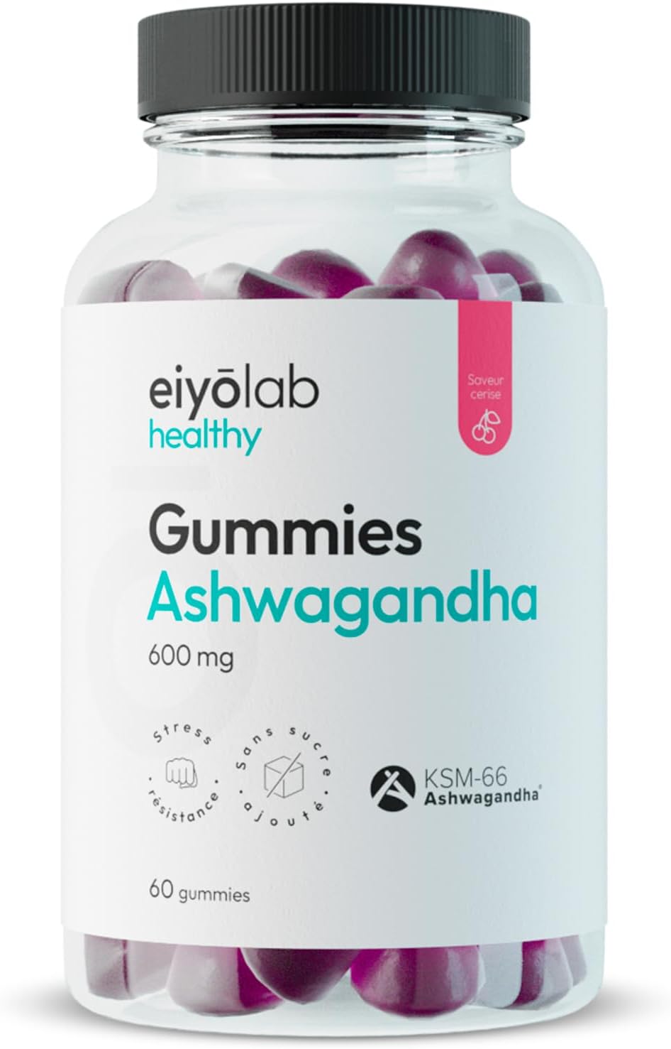 Ashwagandha Gummies 600 mg | Ashwagandha Patented KSM-66 | Physical and Mental Wellness | +11.7% VO2 max in 2 Months | 60 Cherry Flavour Gummies | Vegan and Gelatin Free | Made in France | Eiyolab - Image 2
