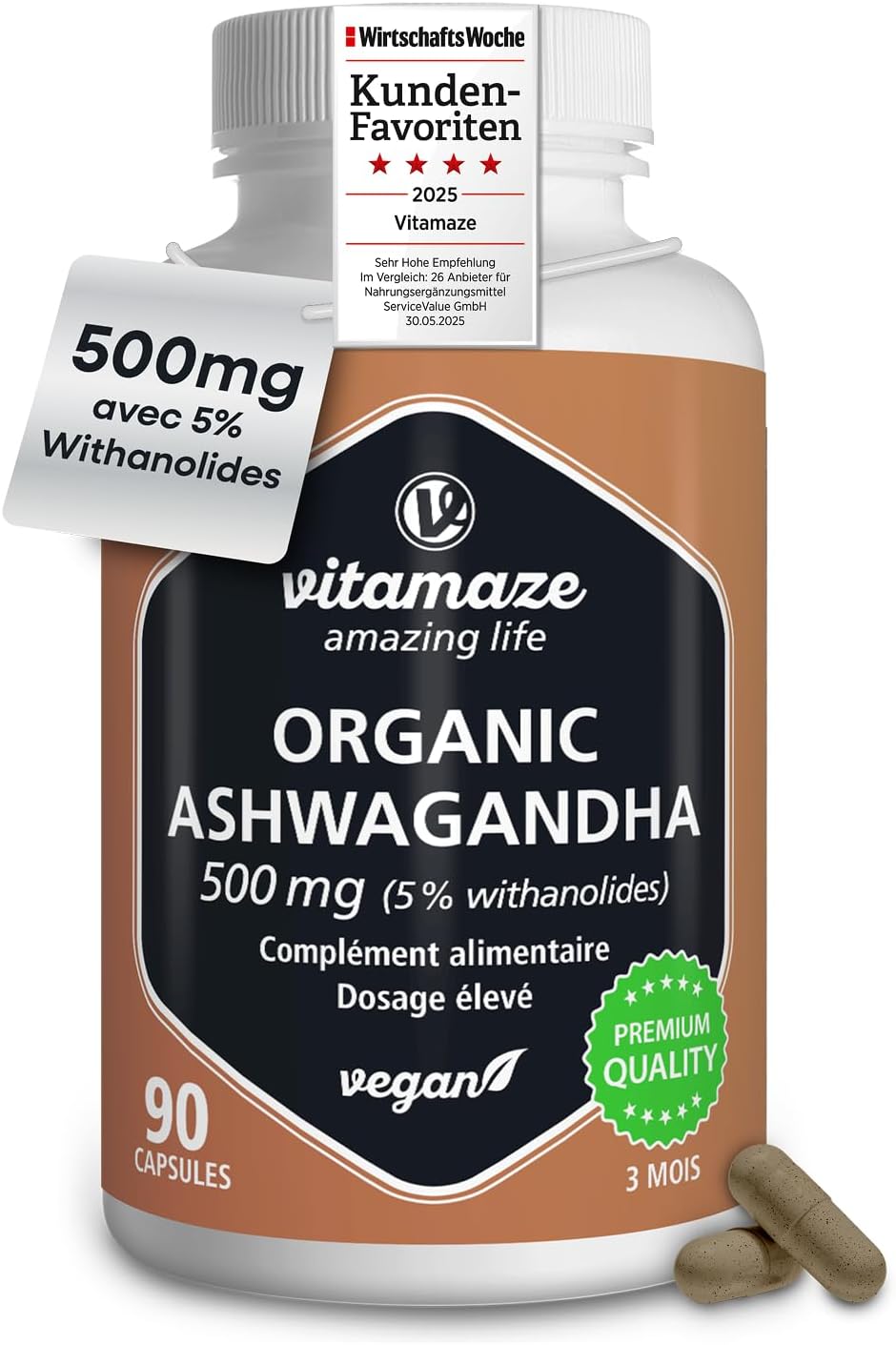 Ashwagandha KSM-66, 5000mg Pure Ashwagandha, 500mg Extract (10-15:1), 5% Withanolides, 90 Vegan Capsules, Root Extract, High Bioavailability, Vitamaze - Image 2