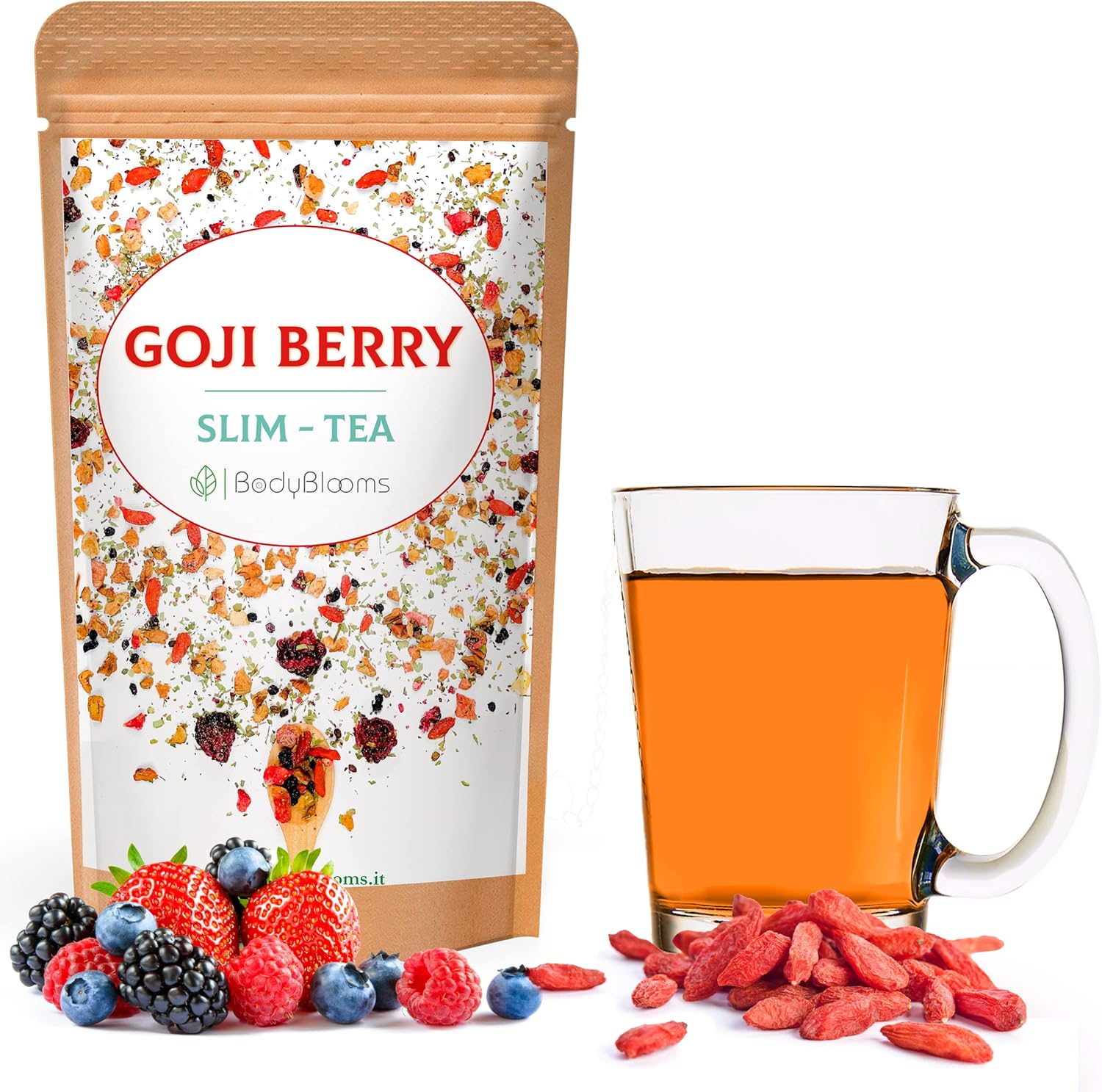 Bodyblooms Natural herbal tea with blackberry pieces and goji berries. Delicious tea and flavored infusions. Loose tea 100 g. Gojiberry tea - the detox infusion slimming slim - Image 2