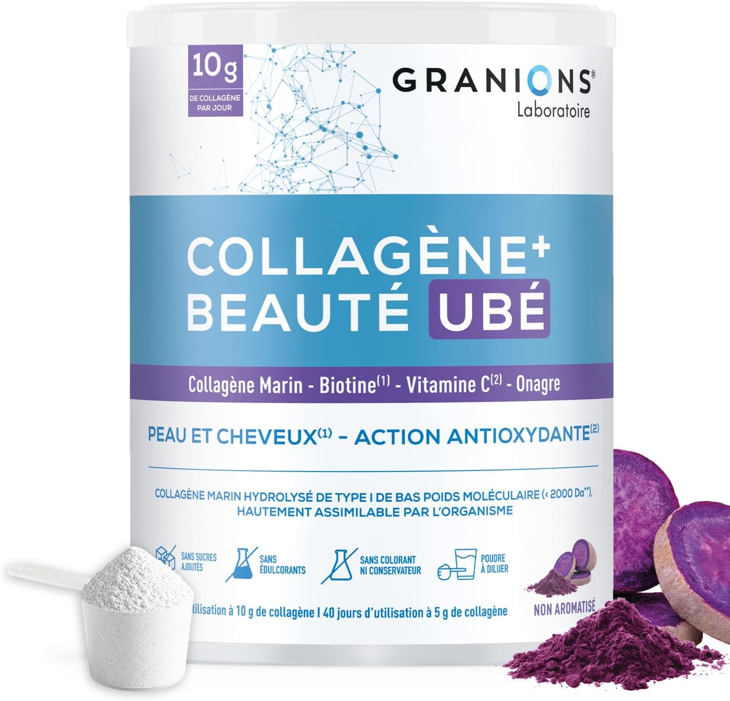 COLLAGENE +BEAUTE - GRANIONS Marine Collagen N°1 in Pharmacies - Collagen and Hyaluronic Acid, Biotin Hair, Vitamin C - Beauty Skin and Hair - High Assimilation - Taste Ube 216g - Image 2