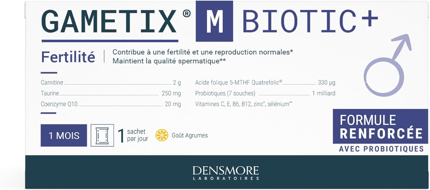 Densmore - GAMETIX M BIOTIC+ Formula with Probiotics - Male Fertility - Carnitine, Coenzyme Q10, Zinc, Vitamins - Men's Food Supplement - 30 Sachets - 1 Month - Made in France - Image 2