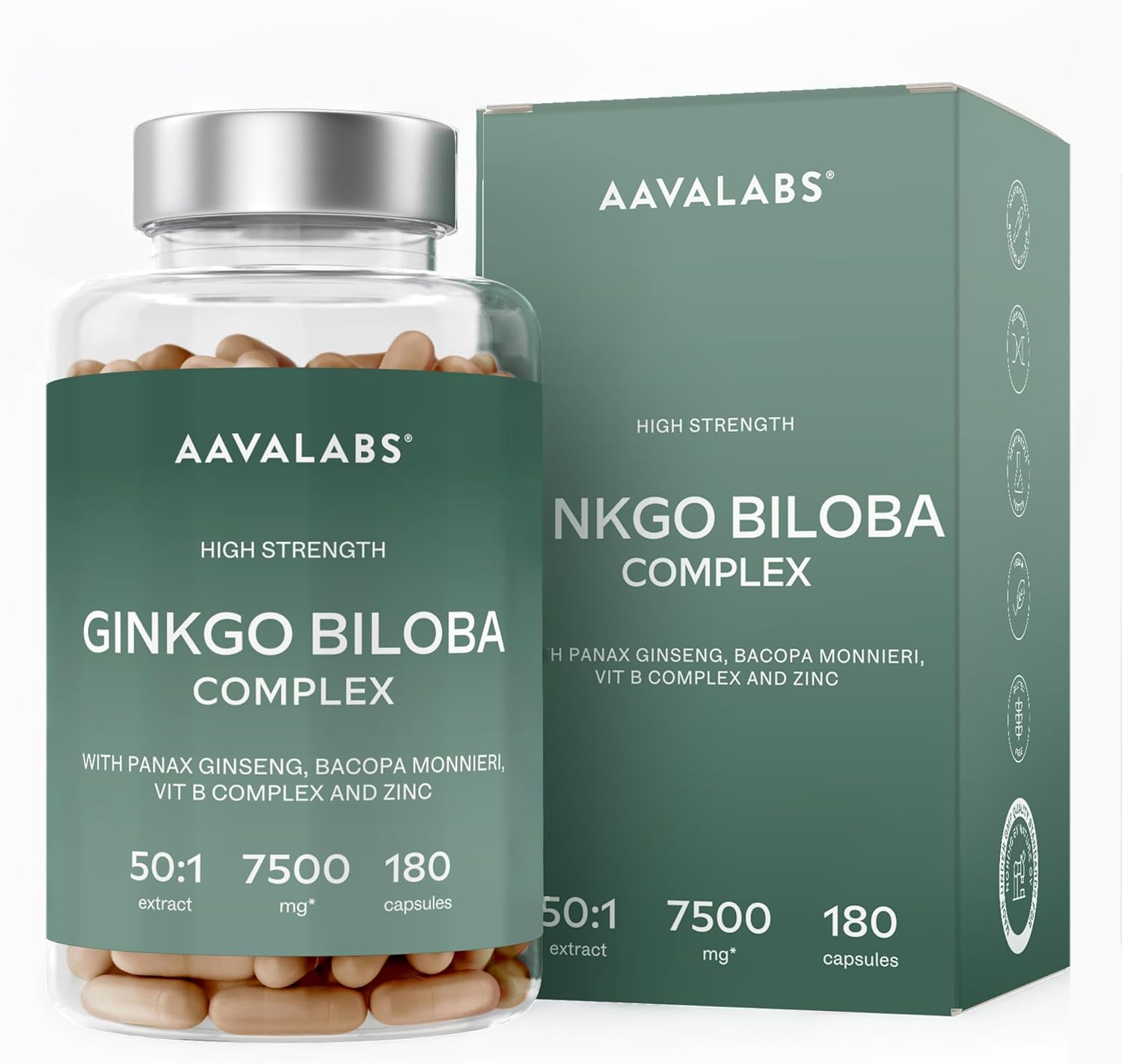 Ginkgo Biloba 7500mg 50:1 with Panax Red Korean Ginseng, Bacopa Monnieri, Zinc, Vitamin B Complex - Powerful Nootropic Blood Circulation, Memory and Concentration, Energy - 180 Capsules - Image 2