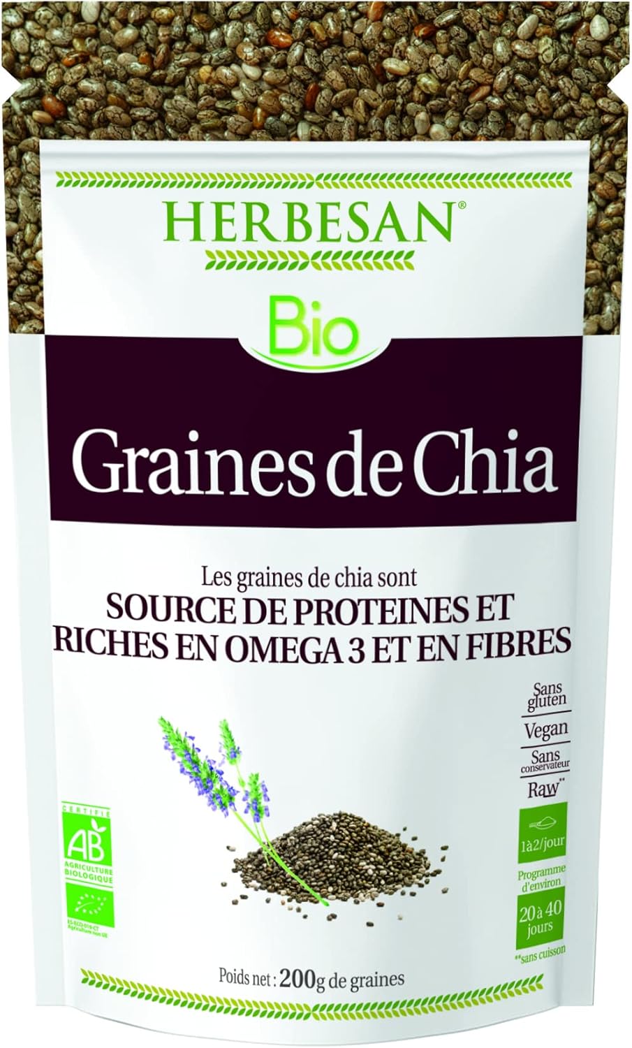 HERBESAN® -CHIA SEEDS ORGANIC - Source of Protein & Rich in Fiber and Omega 3 - Bag of 200g - Image 2