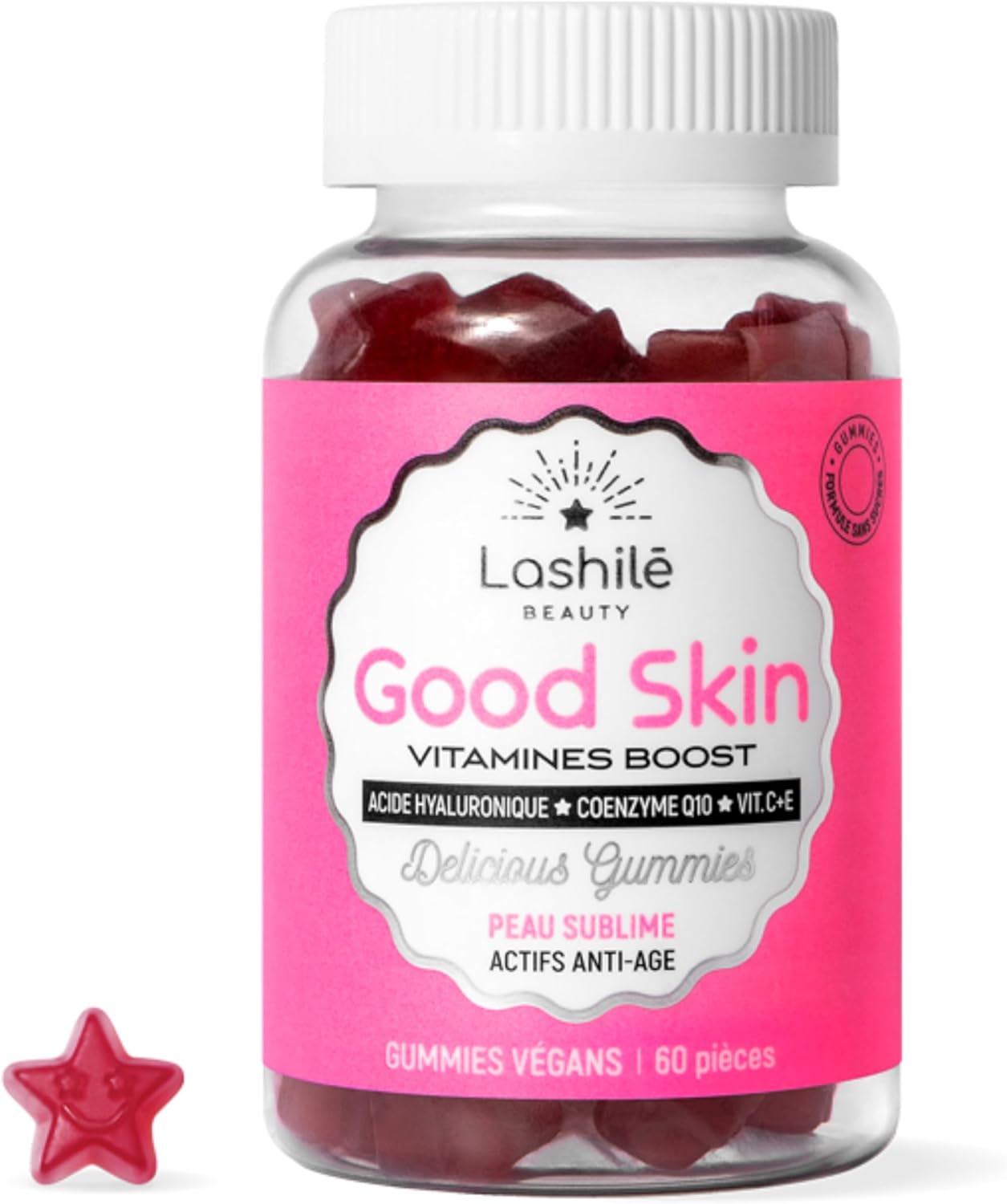 Lashilé Beauty - Anti-Aging + Anti-Wrinkle Food Supplement - Firmness & Radiance of the skin - Good Skin Vitamins - Hyaluronic Acid Q10 Vitamins C & E - Made in France - Cure 1 Month 60 Gummies - Image 2
