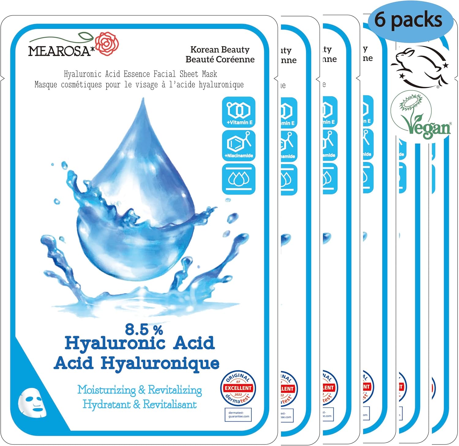 MEAROSA* 8.5% Hyaluronic Acid, Niacinamide, Vitamin E Face Masks for Skin Dermatologically Tested Sensitive Vegan Formula Moisturizing & Nourishing - Image 2