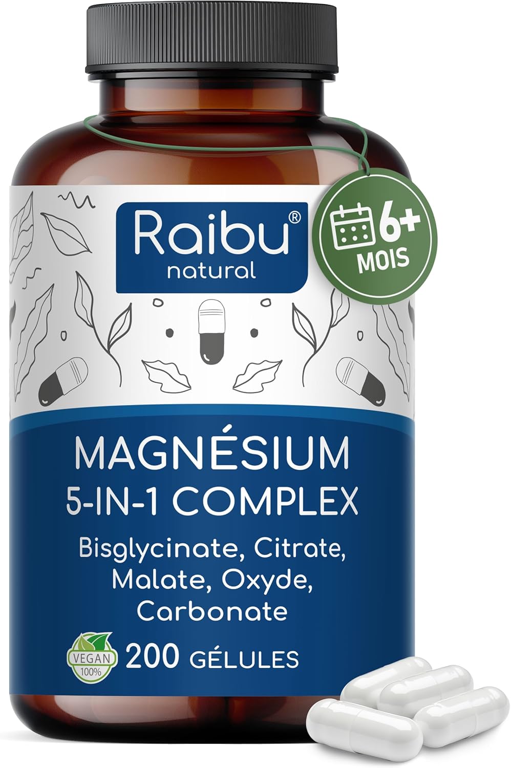 Magnesium Complex, 200 Capsules - Magnesium Bisglycinate, Citrate, Malate, Carbonate and Oxide - Over 6 months supply: 1 capsule per day - High dosed magnesium, vegan, non-GMO - Image 2