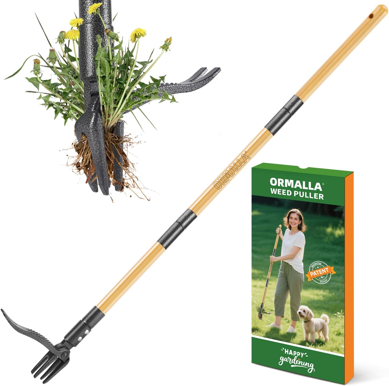 Manual Weeder, 1.1 m Length, Dandelion Puller, Natural Bamboo Handle and 4 Metal Claws, Standing Garden Weeder with Gardening Gloves, Pet Friendly (Upgrade) - Image 2