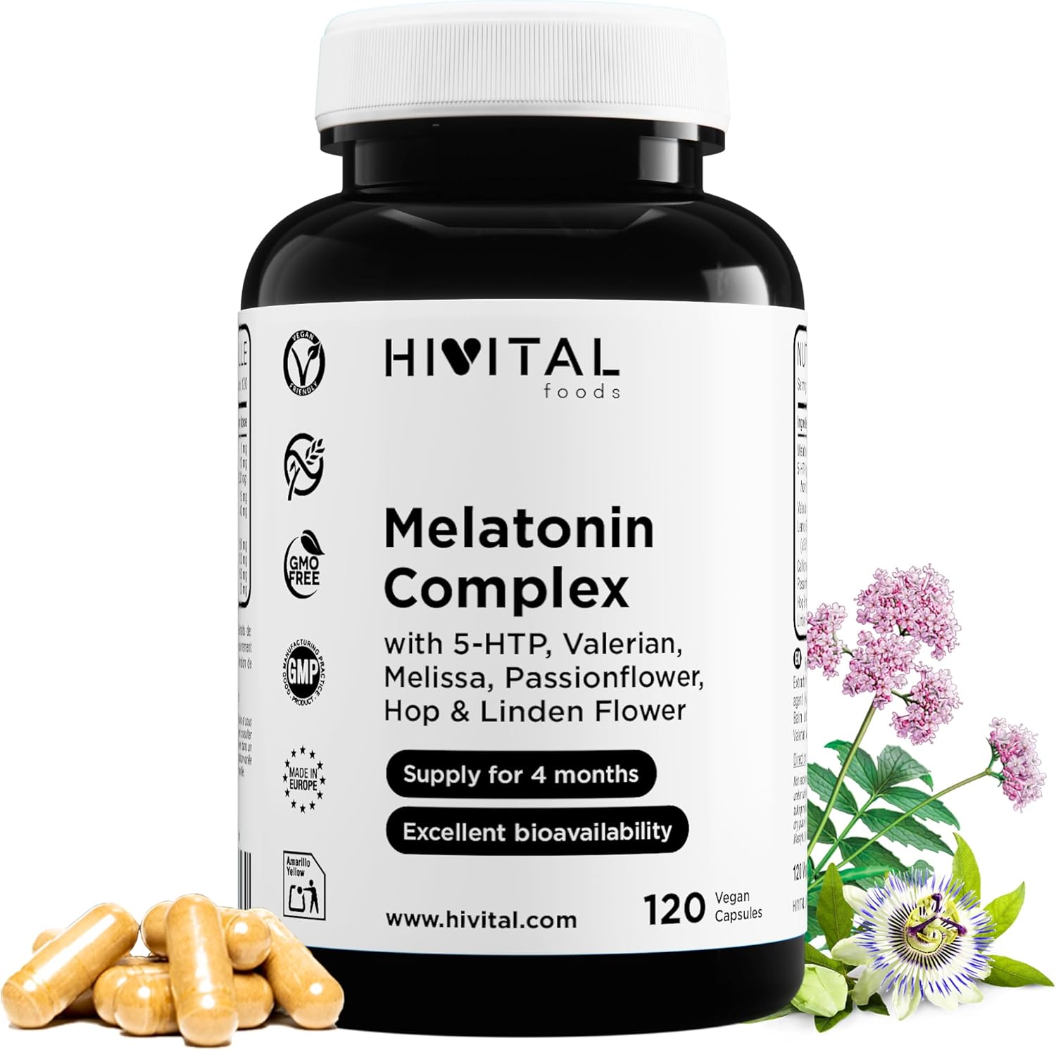 Melatonin Complex. 120 vegan capsules for 4 months of treatment. With 5-HTP, Valerian, Lemon Balm, Passionflower, California Poppy, Hops and Linden. Made in Europe by HIVITAL - Image 2