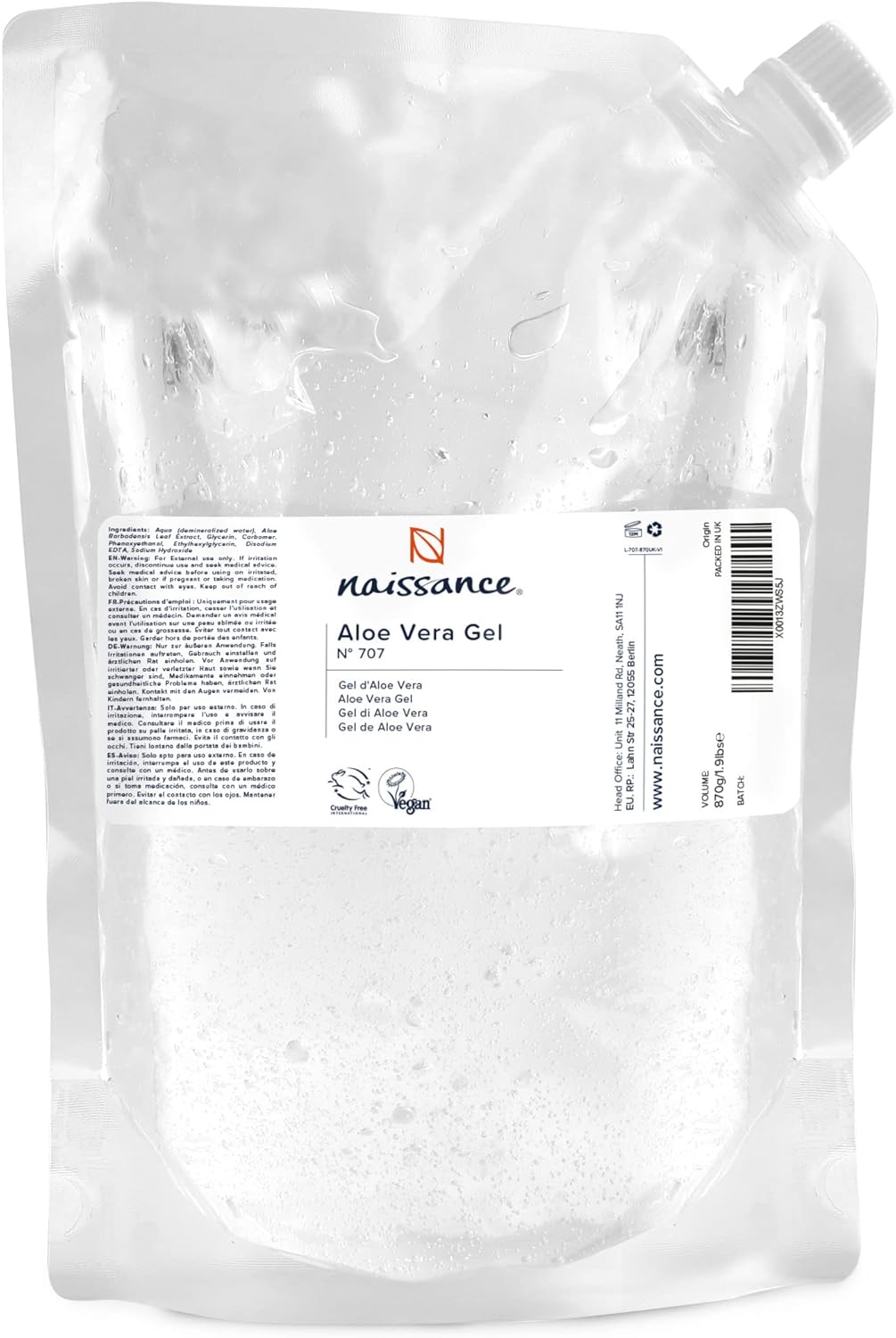 Naissance Aloe Vera Gel (No. 707) - 870g Refill Bag - Vegan, Not Tested on Animals - Soothing and Cooling for the Skin - Image 2