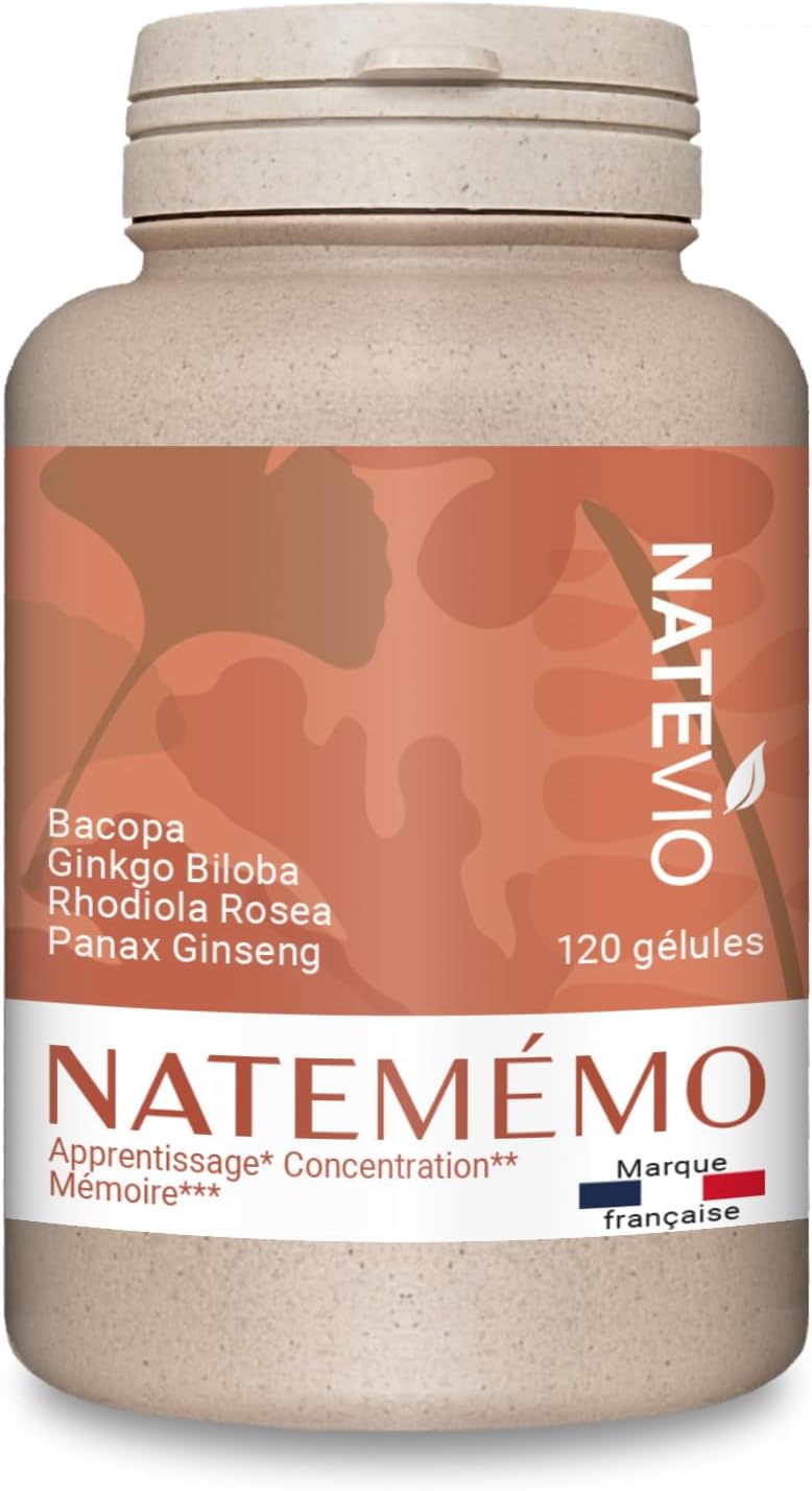 Natemémo – Memory & Concentration – Bacopa 500 mg, Ginkgo, Rhodiola, Ginseng – 120 Vegetable Capsules – Natural Food Supplement – Caffeine Free – Made in France - Image 2