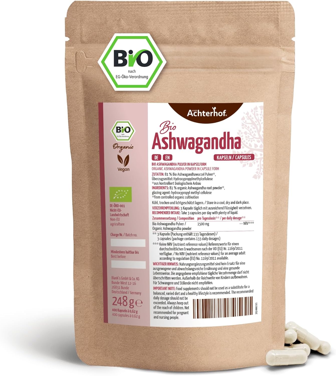 Organic Ashwagandha Capsules 400 Pieces | Refill | Finely Ground Ashwagandha Powder in Capsule Form | Certified Organic Quality | Important Role in Indian Ayurveda | vom Achterhof - Image 2