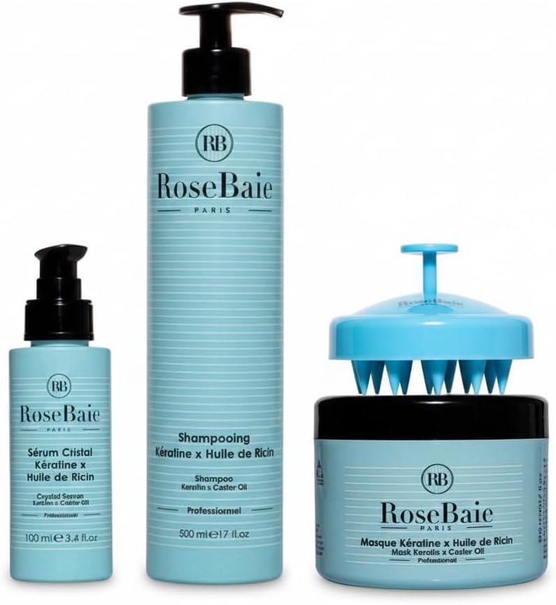ROSEBAIE | Routine Trio Castor Oil and Keratin | Growth and Hydration | Shampoo 500ml | Mask 500ml | Serum 100ml | Free Massage Brush - Image 2
