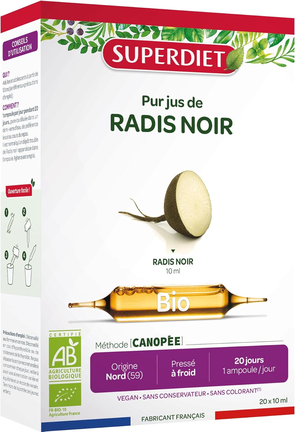 SUPERDIET - PURE ORGANIC BLACK RADIS JUICE - Cold pressed - Hauts-de-France manufacture - Phytotherapy - 20 ampoules of 10 ml - Image 2