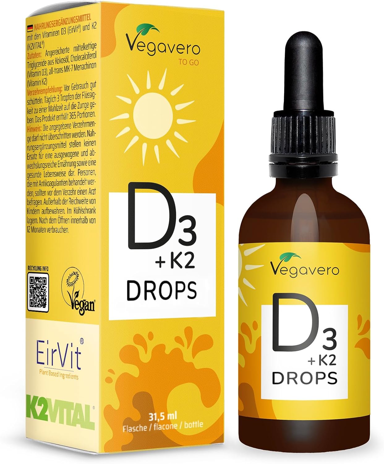 Vegavero Vitamin D3 K2 Drops | For 365 Days | Vegan | 1000 IU Vit D3 + Vit K2-MK7 | High Bioavailability and Dosage | Immunity + Teeth and Bone Health - Image 2