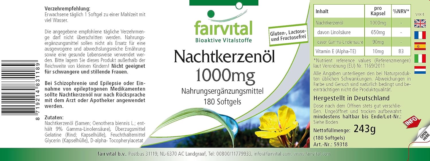 fairvital Evening Primrose Oil 1000mg, 180 soft capsules, omega-6 fatty acids, 65% linoleic acid and 9% gamma-linolenic acid, for 6 months, controlled and highly dosed quality - Image 2